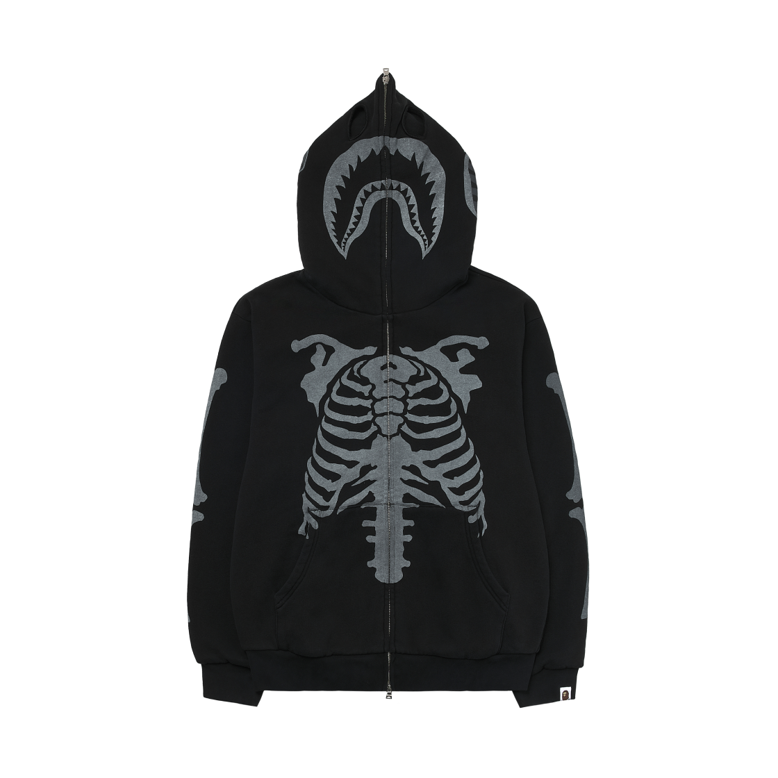 베이프 스켈레톤 샤크 헤비 워시드 크롭 핏 풀 집 후드 블랙(BAPE Skeleton Shark Heavy Washed Cropped Fit Full Zip Hoodie Black)