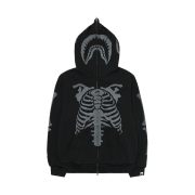 BAPE Skeleton Shark Heavy Washed Cropped Fit Full Zip Hoodie Black