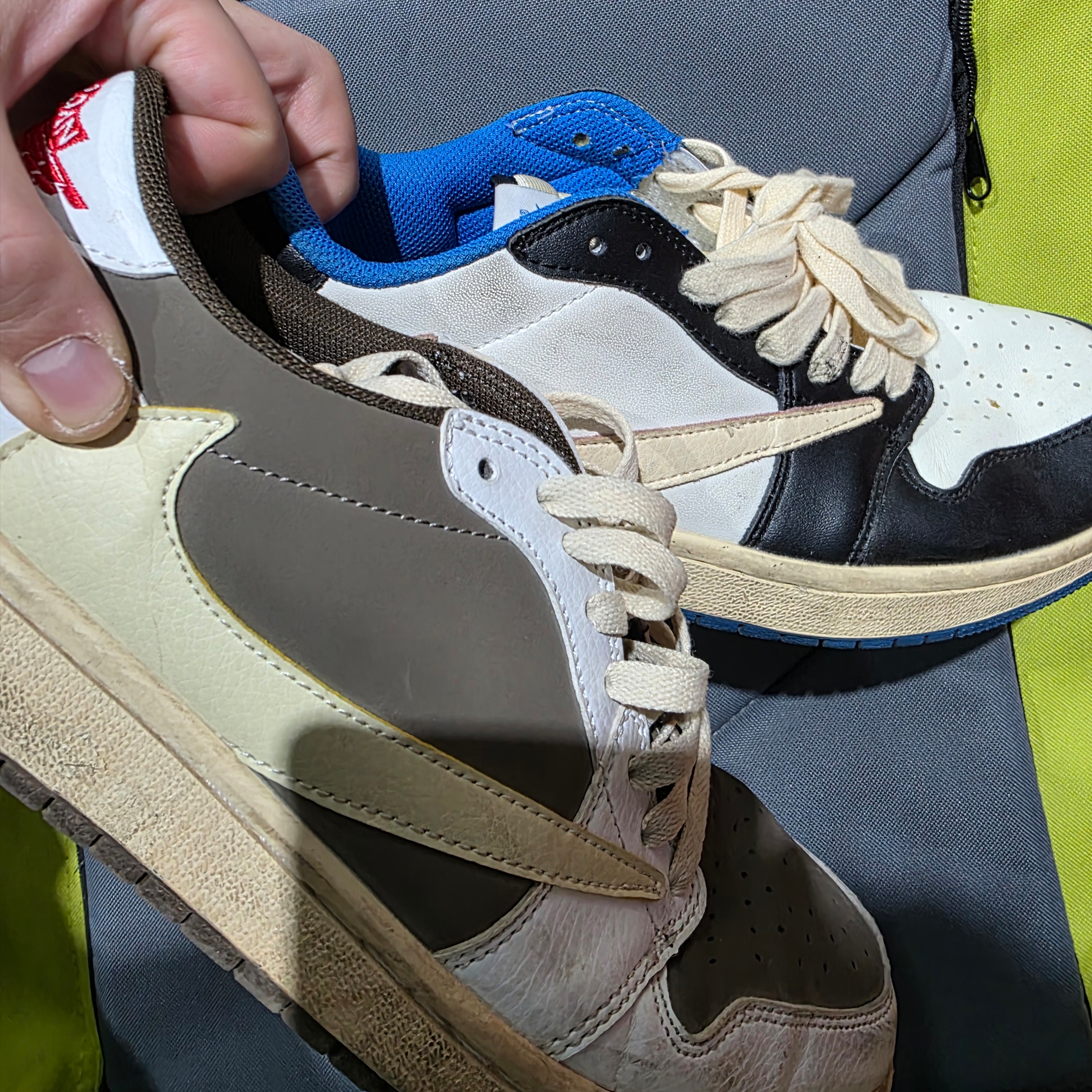 Jordan 1 x Travis Scott x Fragment Retro Low OG SP Military Blue, Jordan 1 x Travis Scott Retro Low OG SP Sail and Ridgerock 착용 스타일