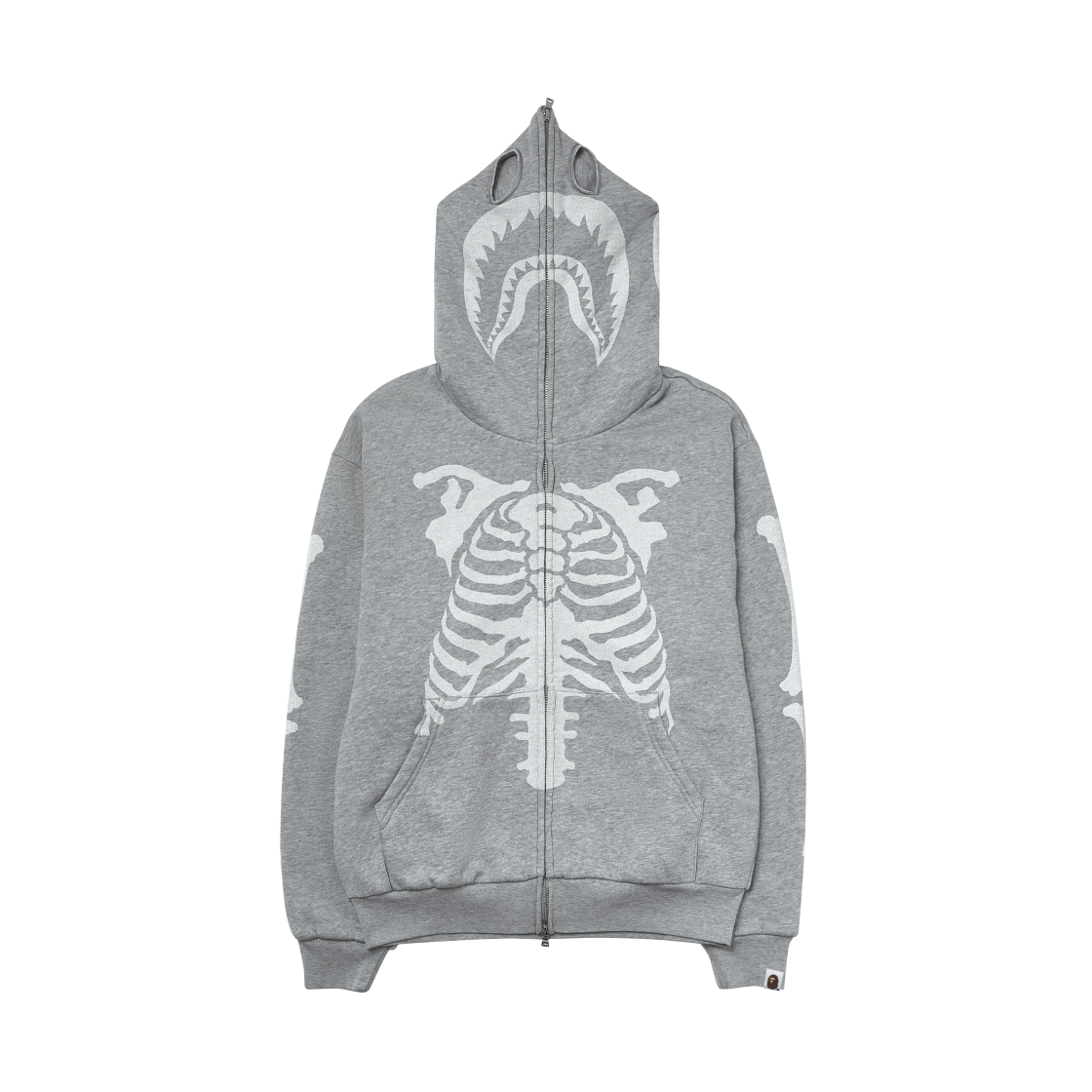 베이프 스켈레톤 샤크 헤비 워시드 크롭 핏 풀 집 후드 그레이(BAPE Skeleton Shark Heavy Washed Cropped Fit Full Zip Hoodie Gray)