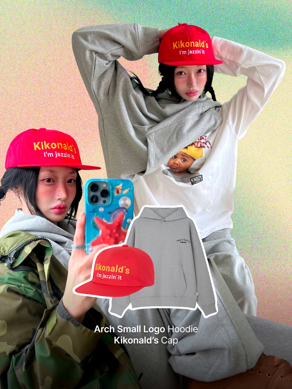 Kikozy KIkonald's Cap Ivory, Kikozy Dont Explain Visual Hoodie Yellow 착용 스타일 - 5