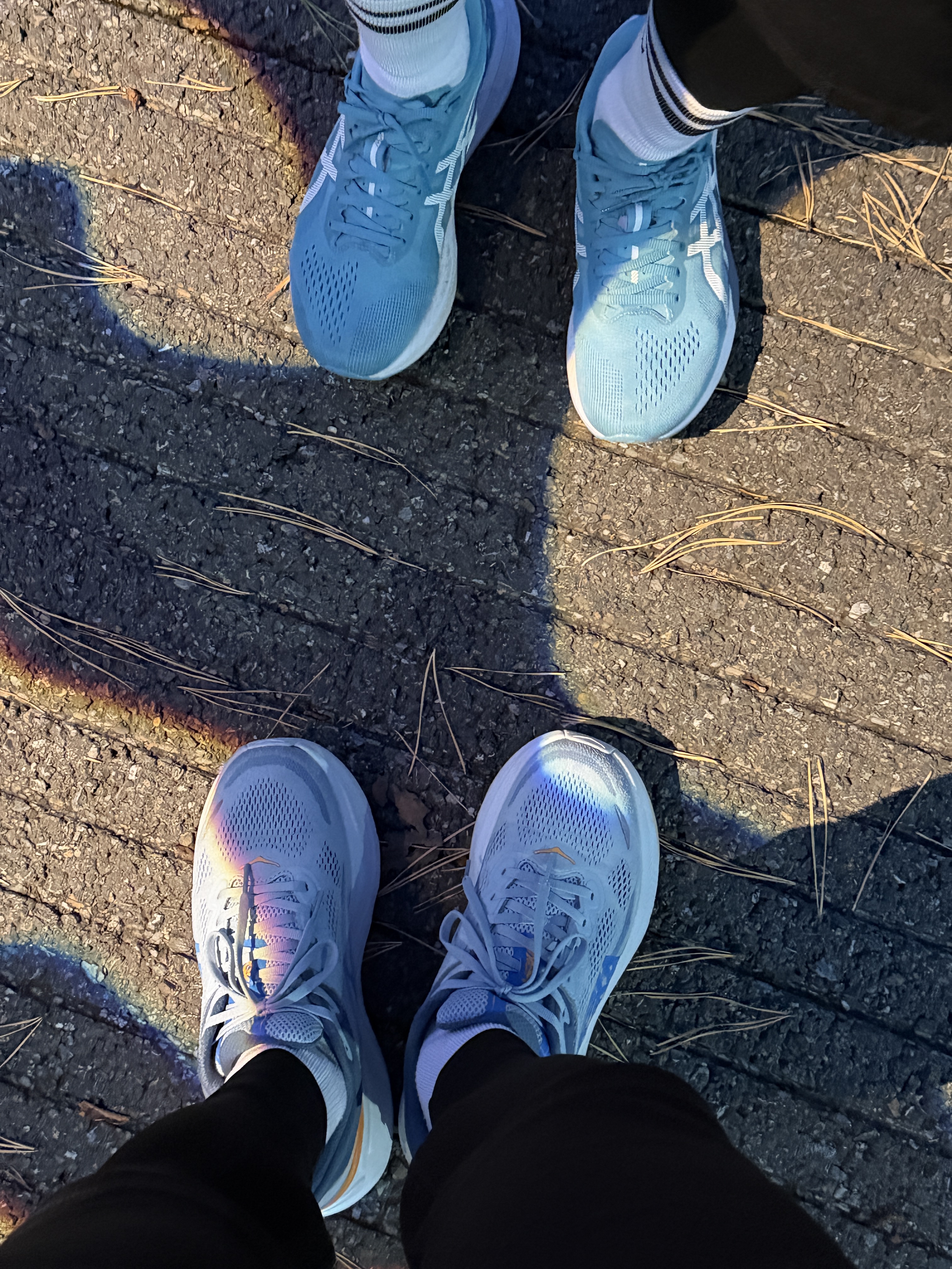 Hoka Bondi 9 Drizzle Downpour - Regular, Asics Magic Speed 4 Stillwater White - 2E Wide 착용 스타일 - 2