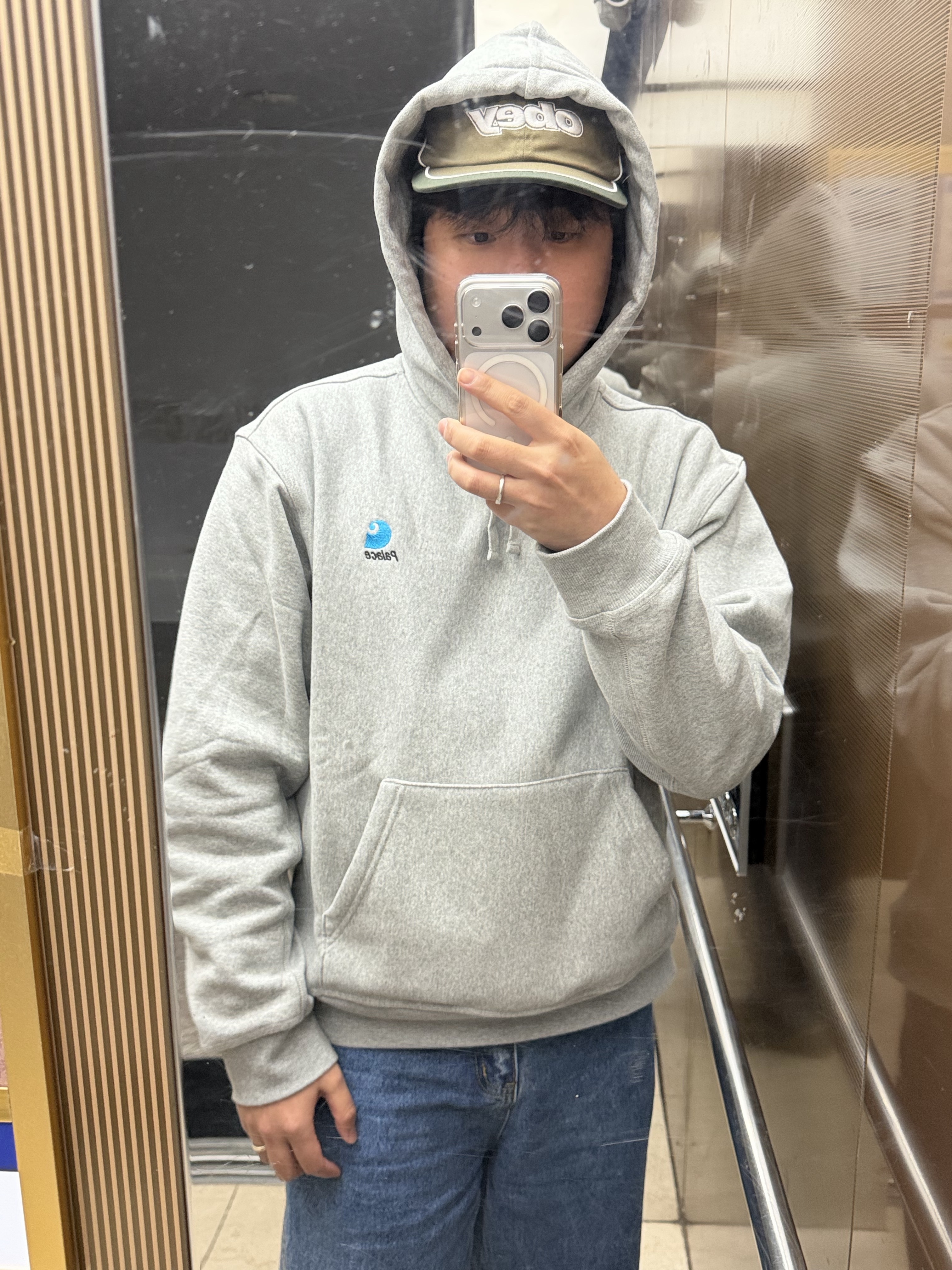 Palace x Carhartt WIP Hood Heather Grey - 24FW, Suade Baggy Denim Blue 착용 스타일