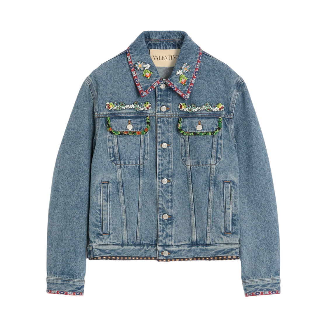 DC04QB0W558 Valentino Denim Jacket with Beaded Embroidery and Printed Edges Blue