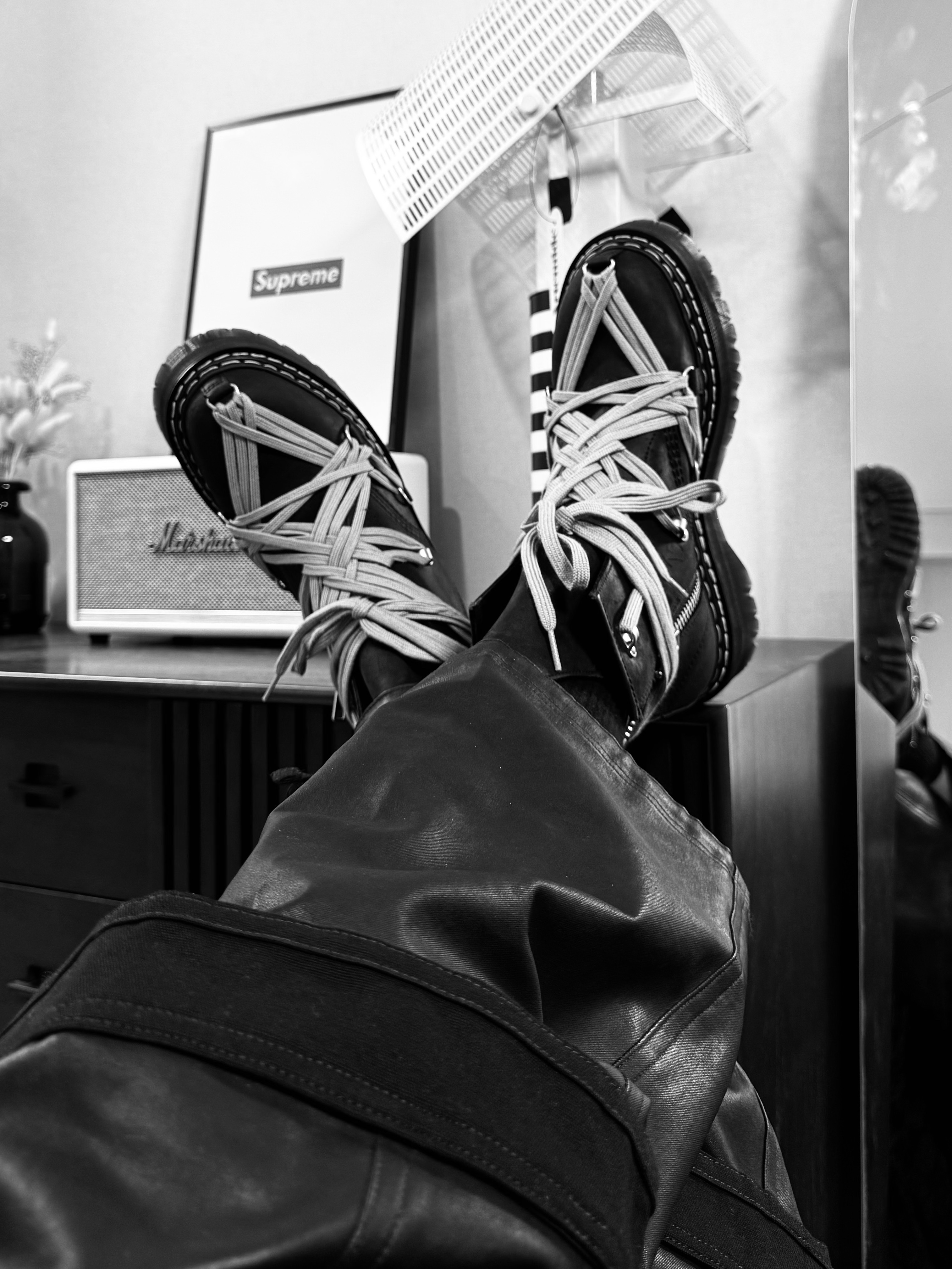 Dr. Martens x Rick Owens 1460 Quad Sole Mega Lace Boots Black, [더블적립]farfromwhat far layered work pants_black 착용 스타일