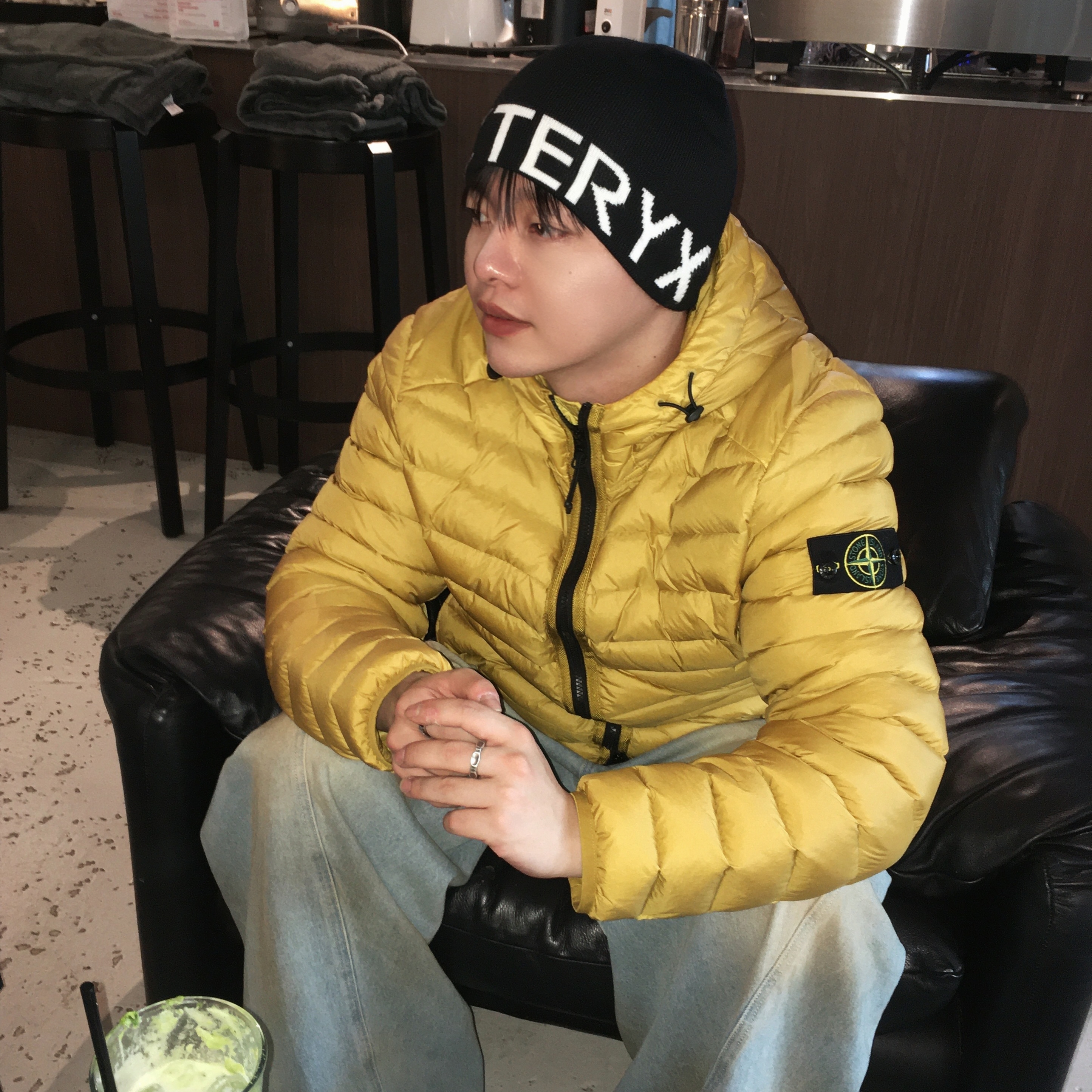 Stone Island 40324 Loom Woven Chambers Recycled Nylon Down-TC Light Hooded Down Jacket Mustard - 24FW 착용 스타일