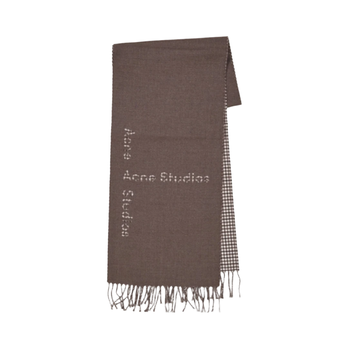 아크네 스튜디오 울 프린지 로고 프린트 체크 머플러 토프 그레이