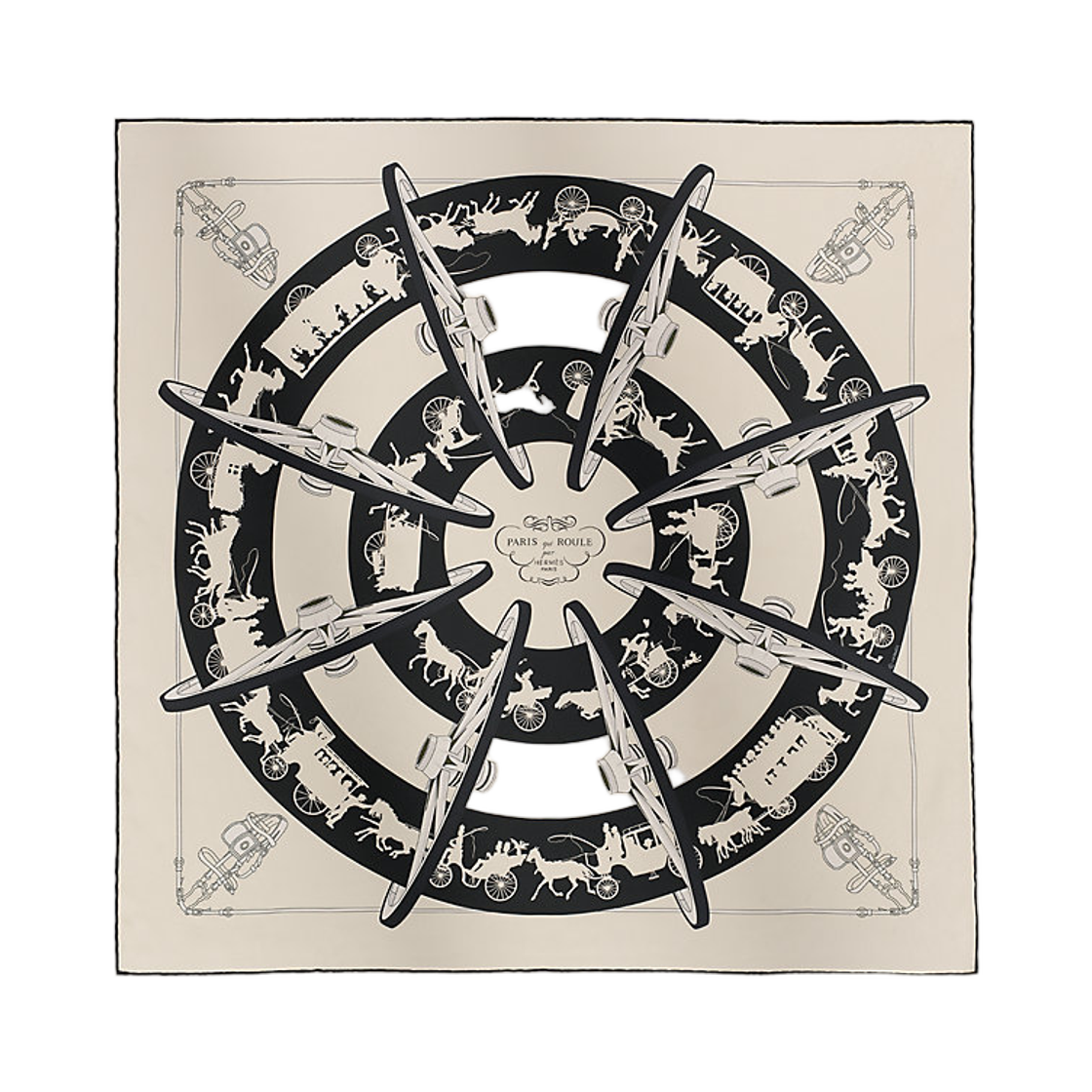 H981167S11 Hermes Paris Qui Roule Scarf 70 Creme Noir Gris Perle