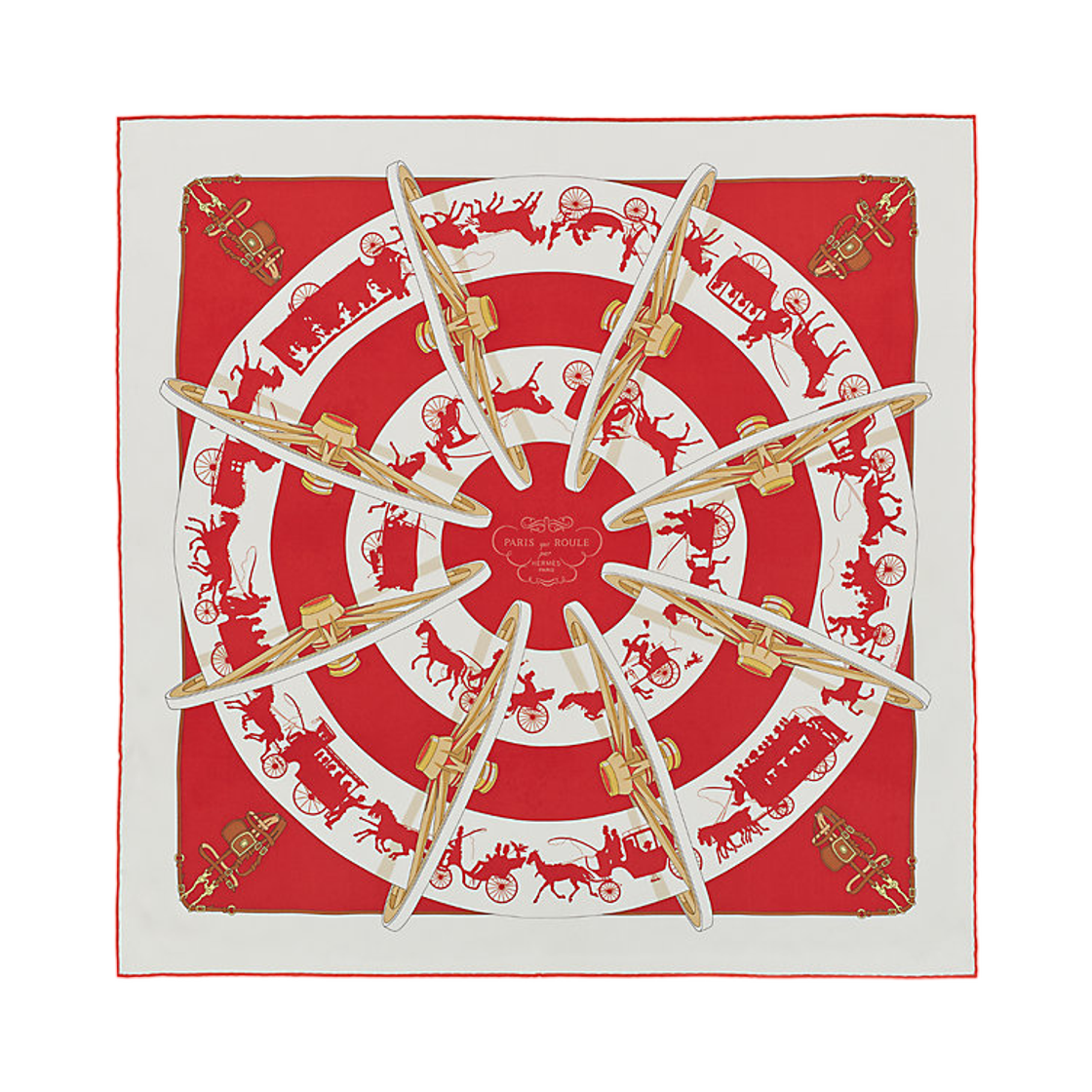 H981167S12 Hermes Paris Qui Roule Scarf 70 Blanc Rouge Vieil Or