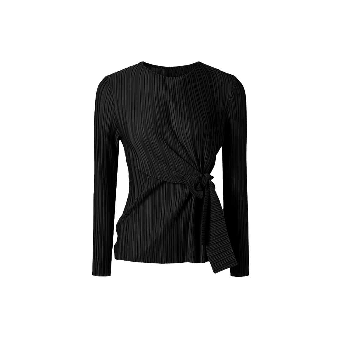 WTS6ABK Monplisse Women Tie Point Pleats Long Sleeve T-shirts (Black)