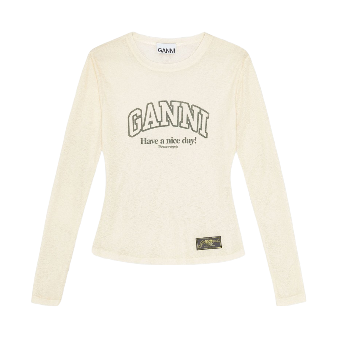 (W) Ganni Printed Marl Mesh Long Sleeve Top Egret
