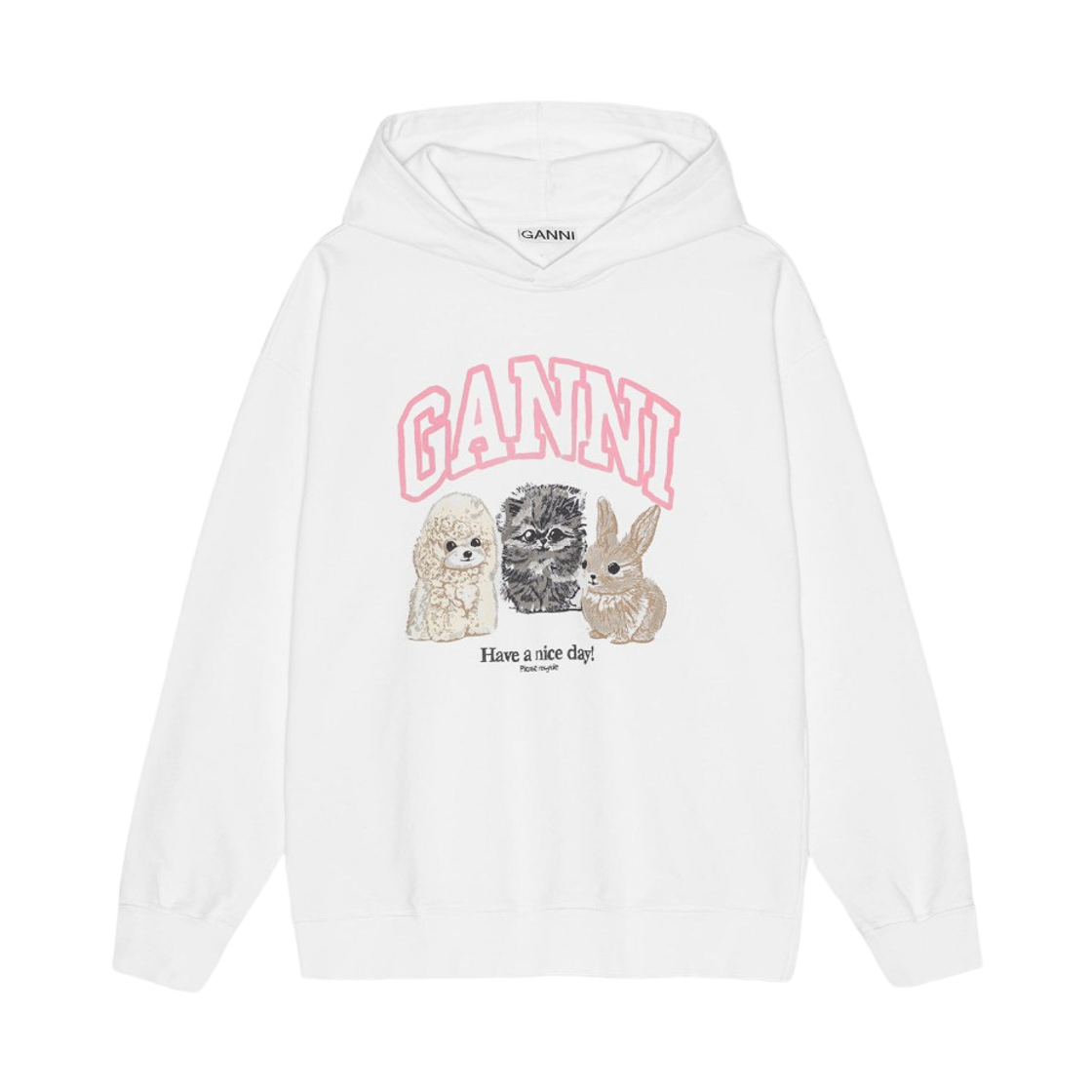 (W) 가니 애니멀 프린트 후드 브라이트 화이트((W) Ganni Animal Print Hoodie Bright White) - 1