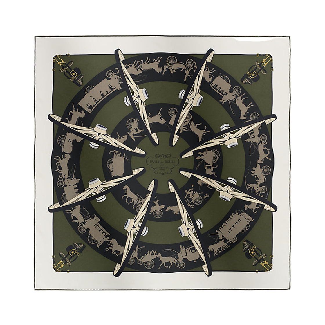 H981167S06 Hermes Paris Qui Roule Scarf 70 Blanc Vert Loden Etoupe