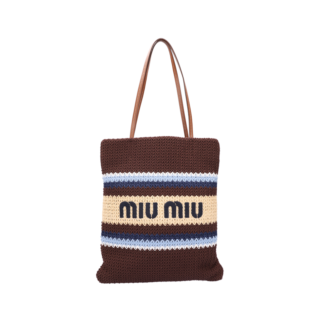 IT5VA4JG259Q Miu Miu 5BG248 Rafia Effect Woven Tote Bag in Cocoa Brown/Celeste Natural