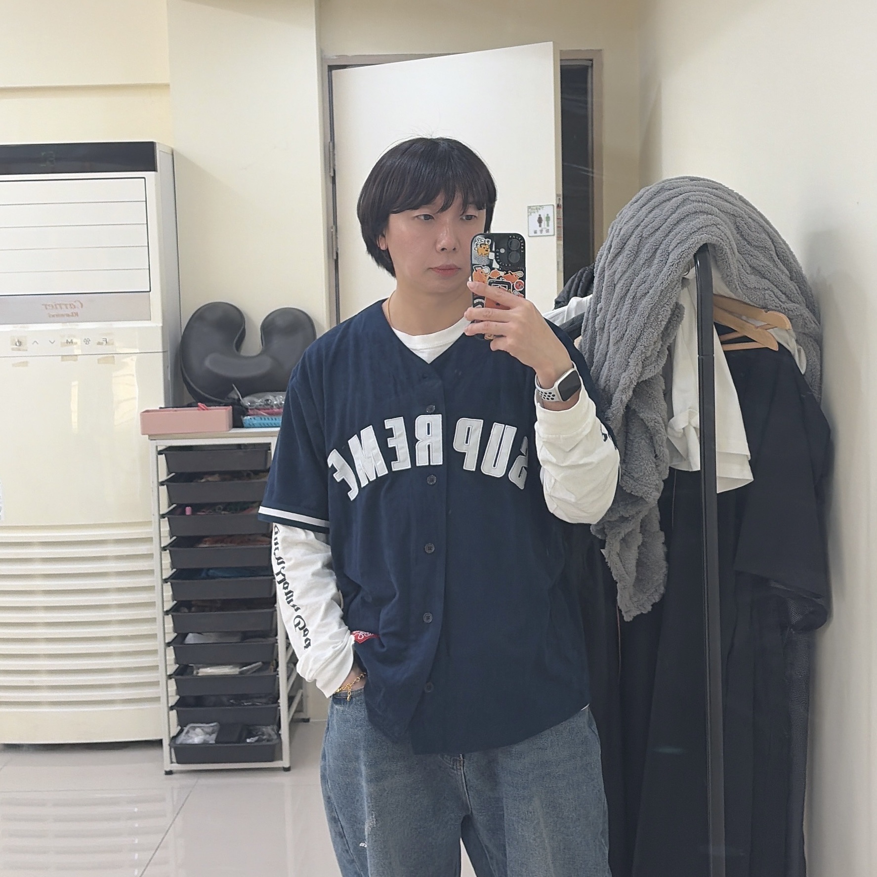 Supreme Ultrasuede Mesh Baseball Jersey Navy - 24SS 착용 스타일