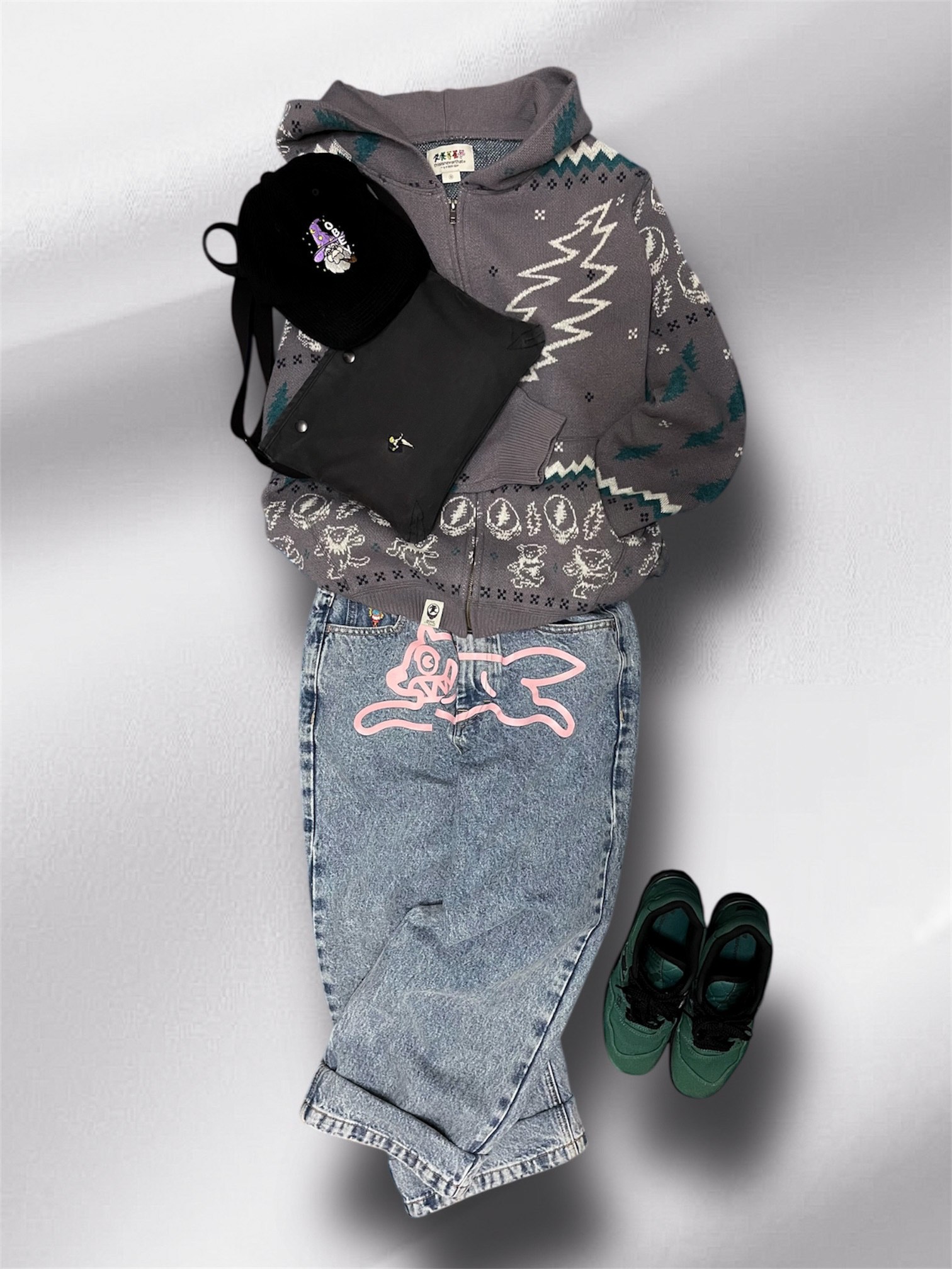 Thisisneverthat x Grateful Dead Iconography Knit Zip Hoodie Lavender, New Balance x Thisisneverthat 550 Green Black 착용 스타일