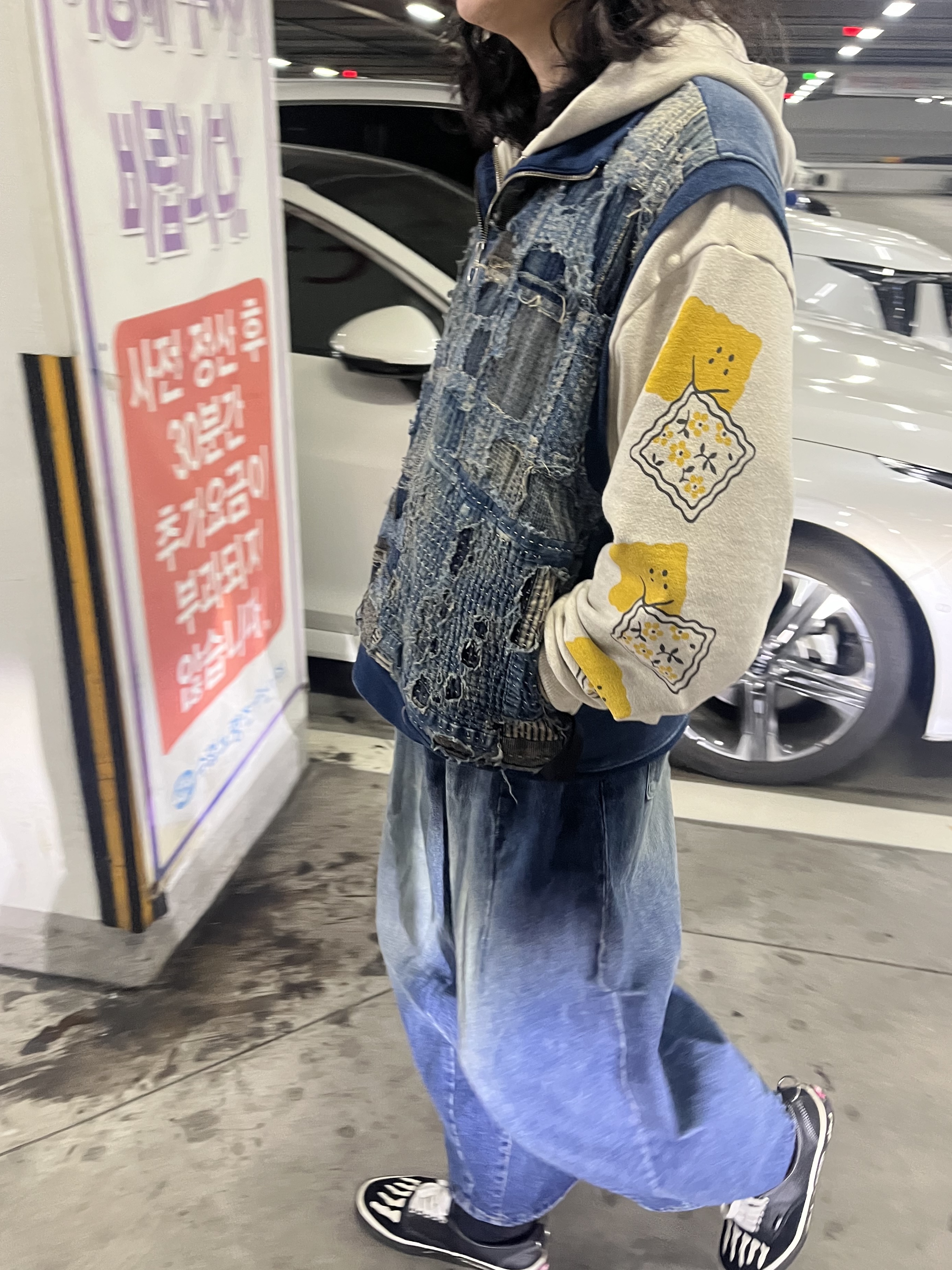 Kapital Fleece Zip Up Gym Hoodie Kinari, Kapital Boro x IDG Fleece Half Zip Vest Indigo 착용 스타일 - 2