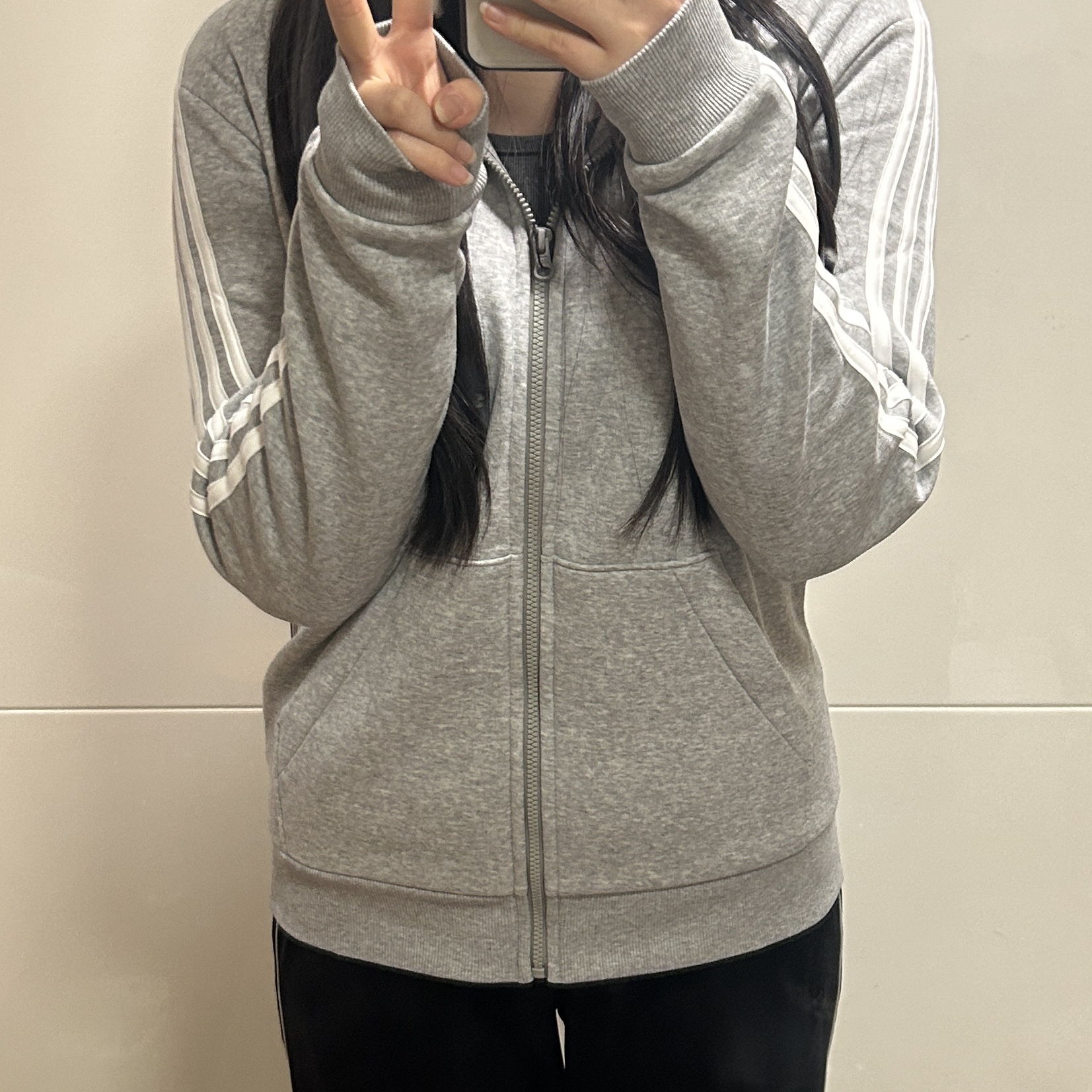 (W) Adidas Essentials 3S Full-Zip Fleece Hoodie Medium Grey Heather White - US Sizing 착용 스타일
