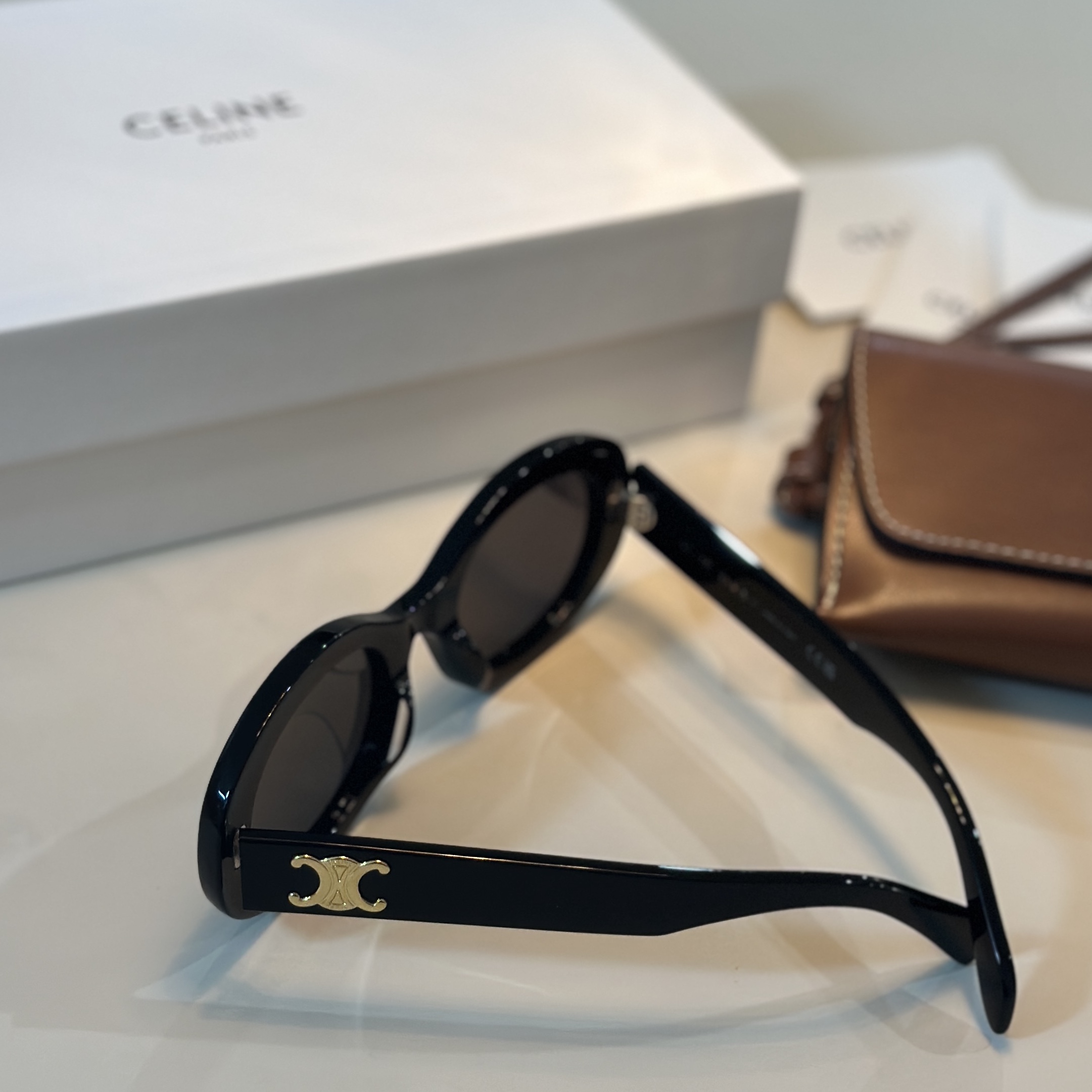(W) Celine Triomphe 01 Sunglasses in Acetate Black 착용 스타일 - 4