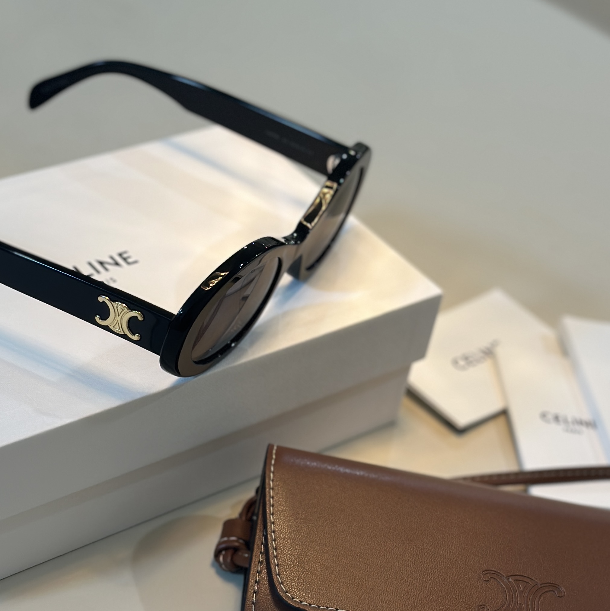 (W) Celine Triomphe 01 Sunglasses in Acetate Black 착용 스타일 - 1