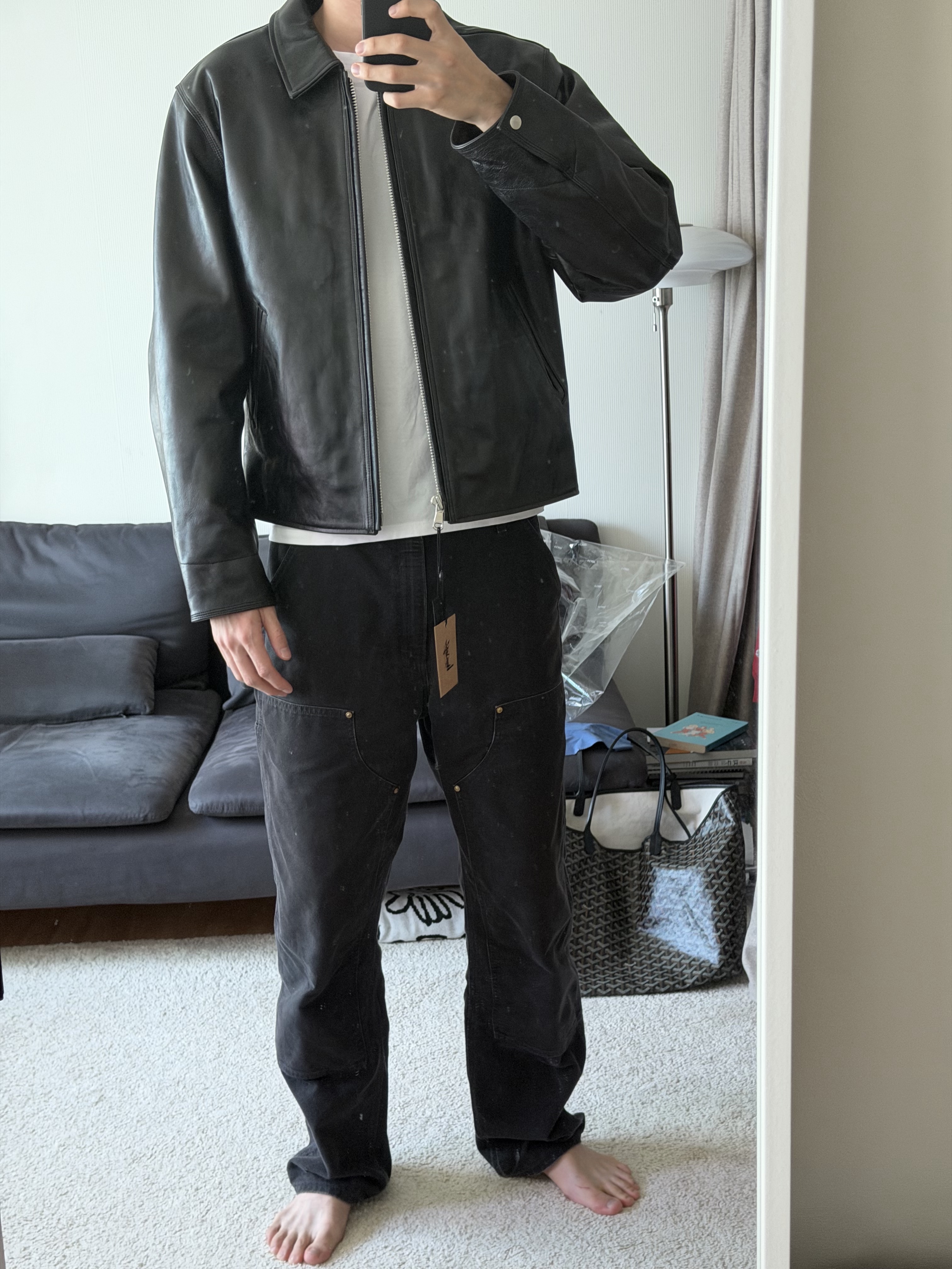 Stussy Leather Garage Jacket Black 착용 스타일 - 1