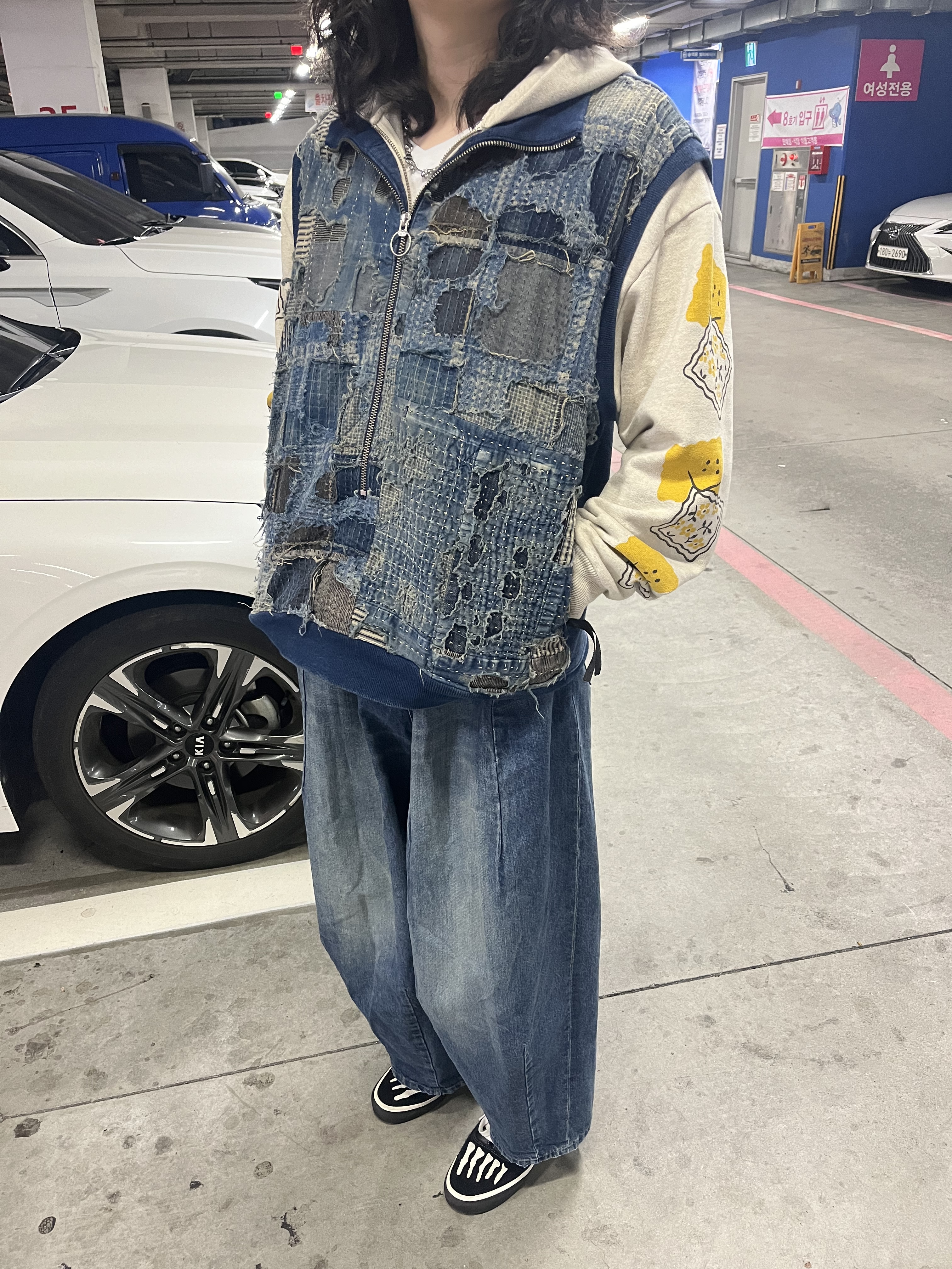 Kapital Fleece Zip Up Gym Hoodie Kinari, Kapital Boro x IDG Fleece Half Zip Vest Indigo 착용 스타일 - 1
