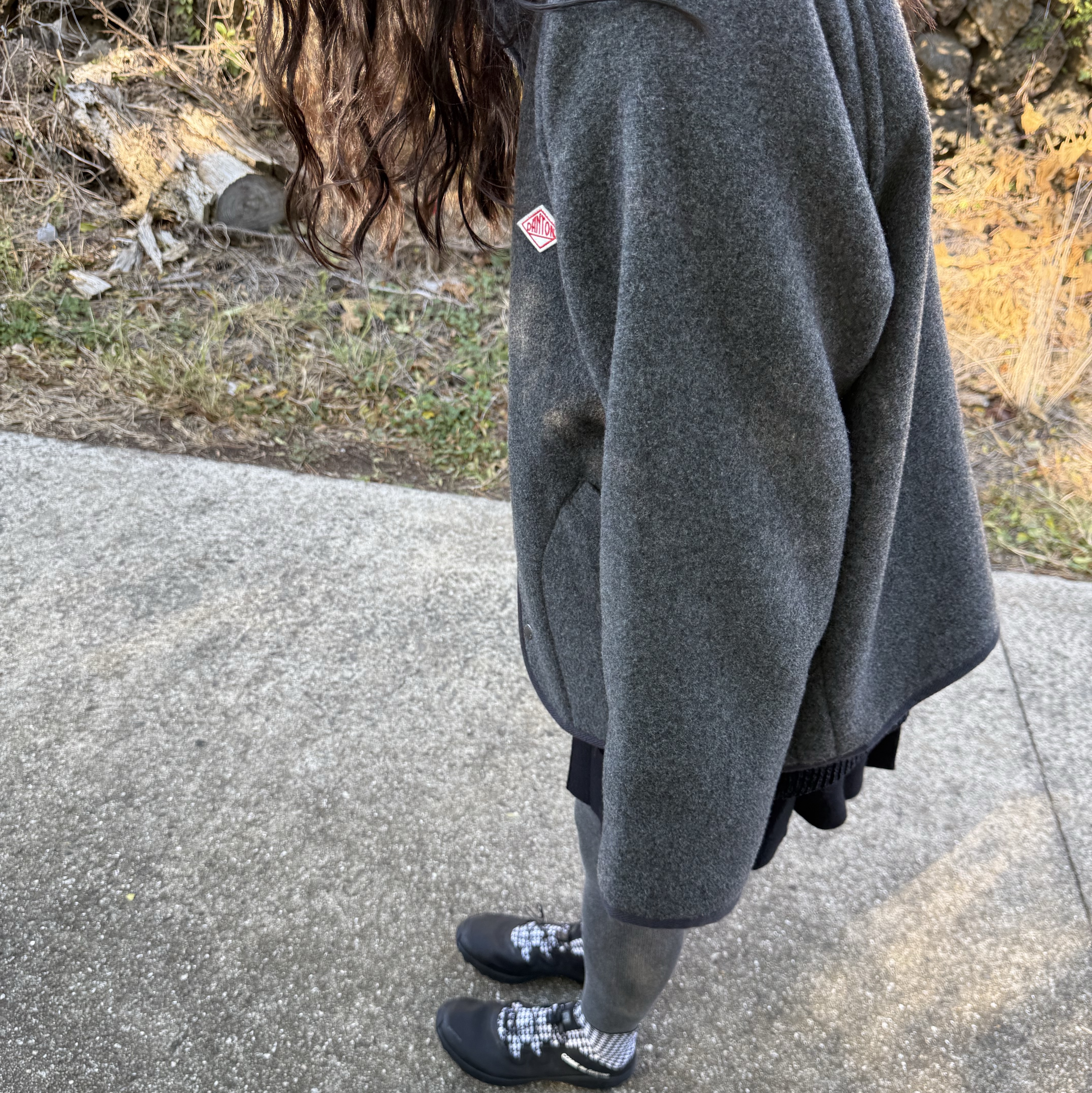 (W) Danton Fleece Collarless Jacket Charcoal Grey, Subu Permanent F-Line Dots 착용 스타일 - 3