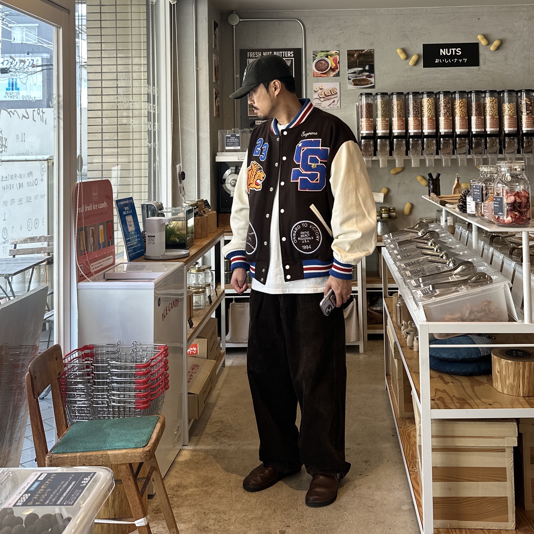 Supreme Tiger Varsity Jacket Brown - 23FW, Human Made 6-Panel Wool Cap Green 착용 스타일