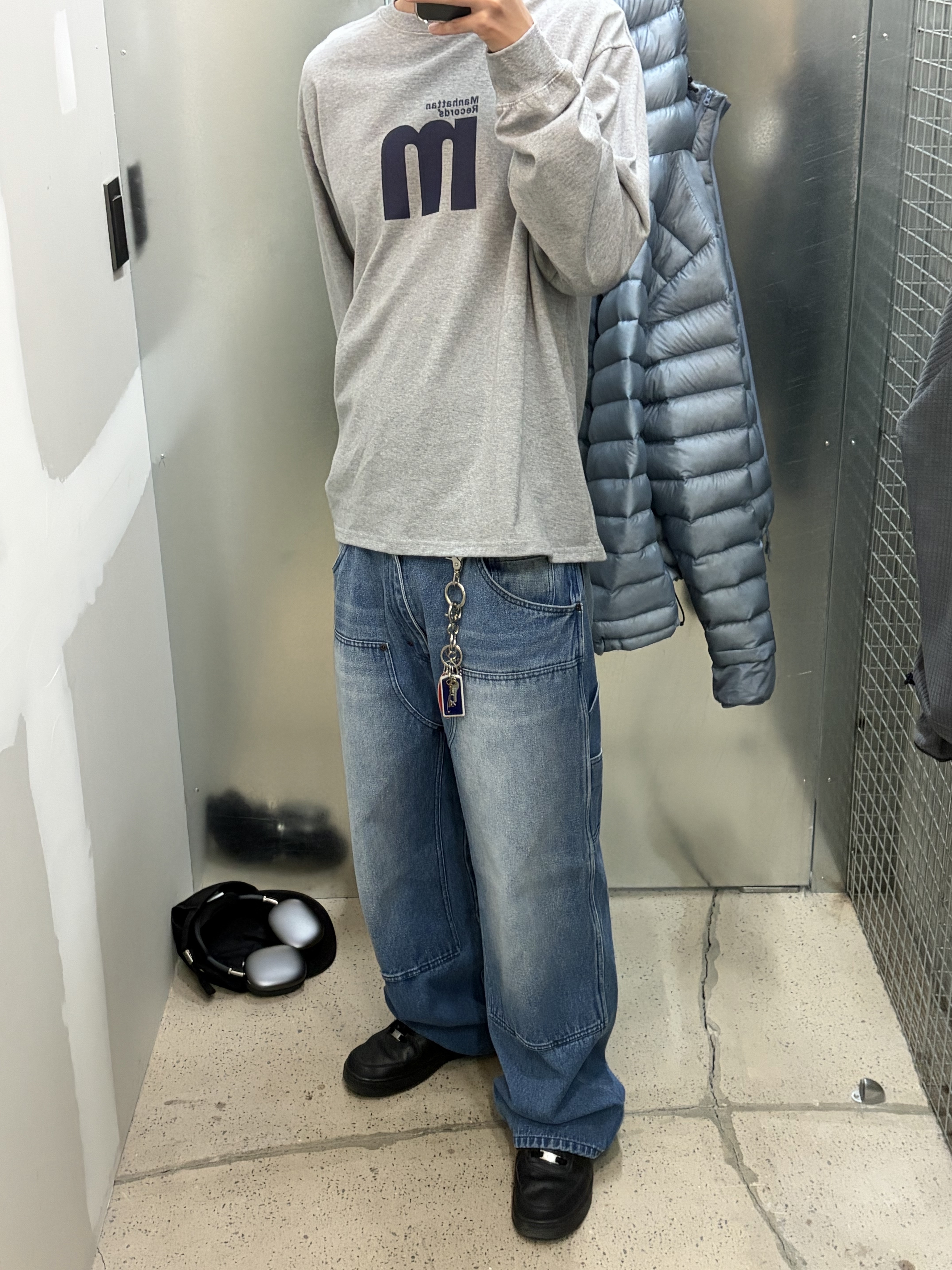 Sansan Gear Suffix Puffer Jacket Sky Blue - 24FW, My Name is Peter 6-Panel Peter Cap Black 착용 스타일 - 3