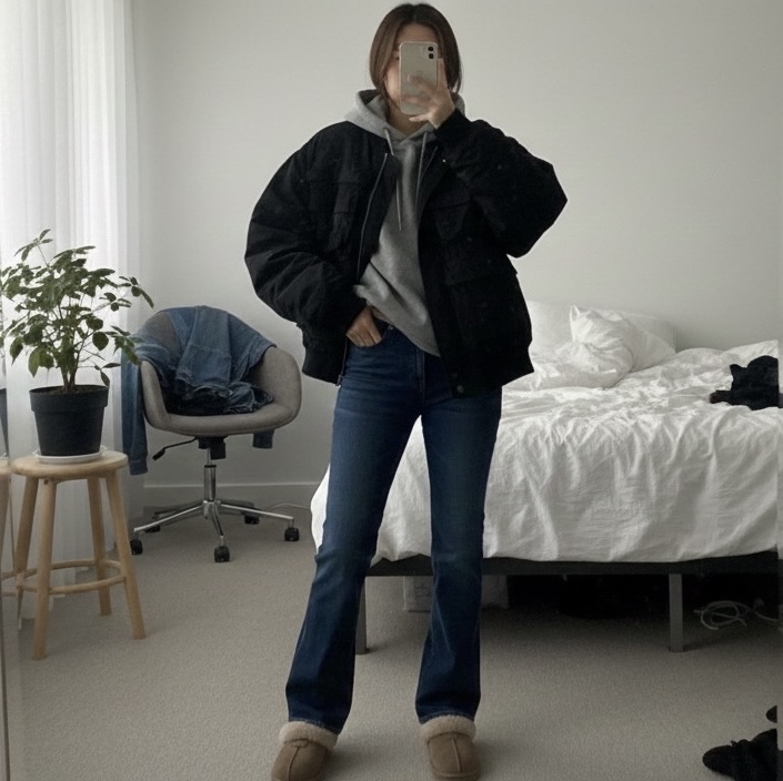 Diesel Nylon Bomber with Maxi Pockets Black, (W) UGG Tazzette Slipper Smoke Plume 착용 스타일