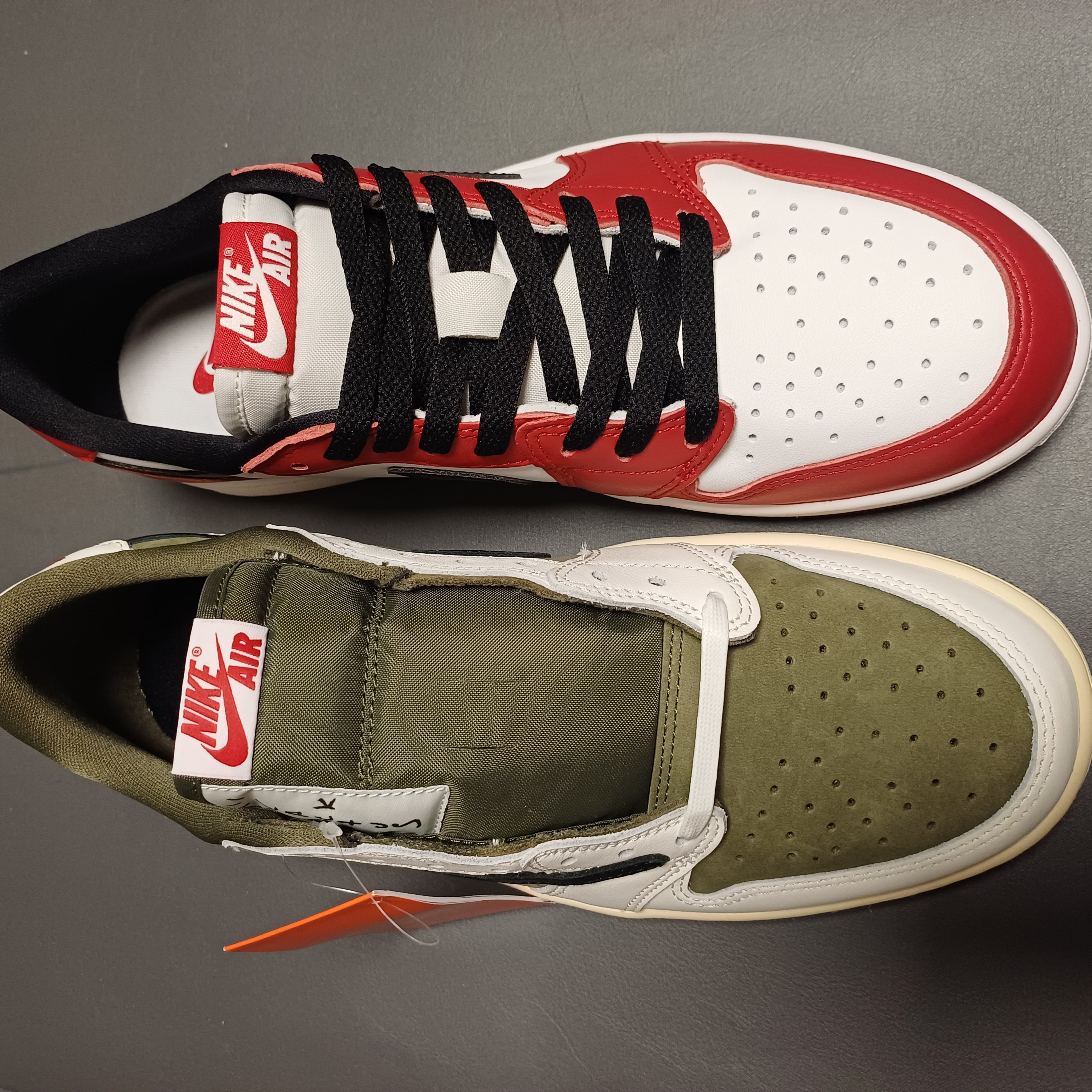 Jordan 1 Retro Low OG Chicago, Jordan 1 x Travis Scott Retro Low OG SP Reverse Olive 착용 스타일 - 2