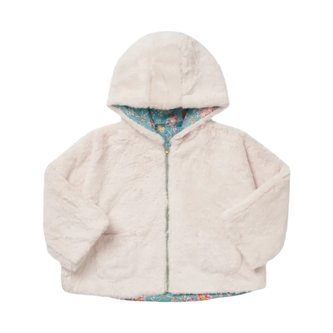 (키즈) 루이스 미샤 벨벳 플로럴 리버시블 코트 아이보리 블루((Kids) Louise Misha Velvet Floral Reversible Coat Ivory Blue)