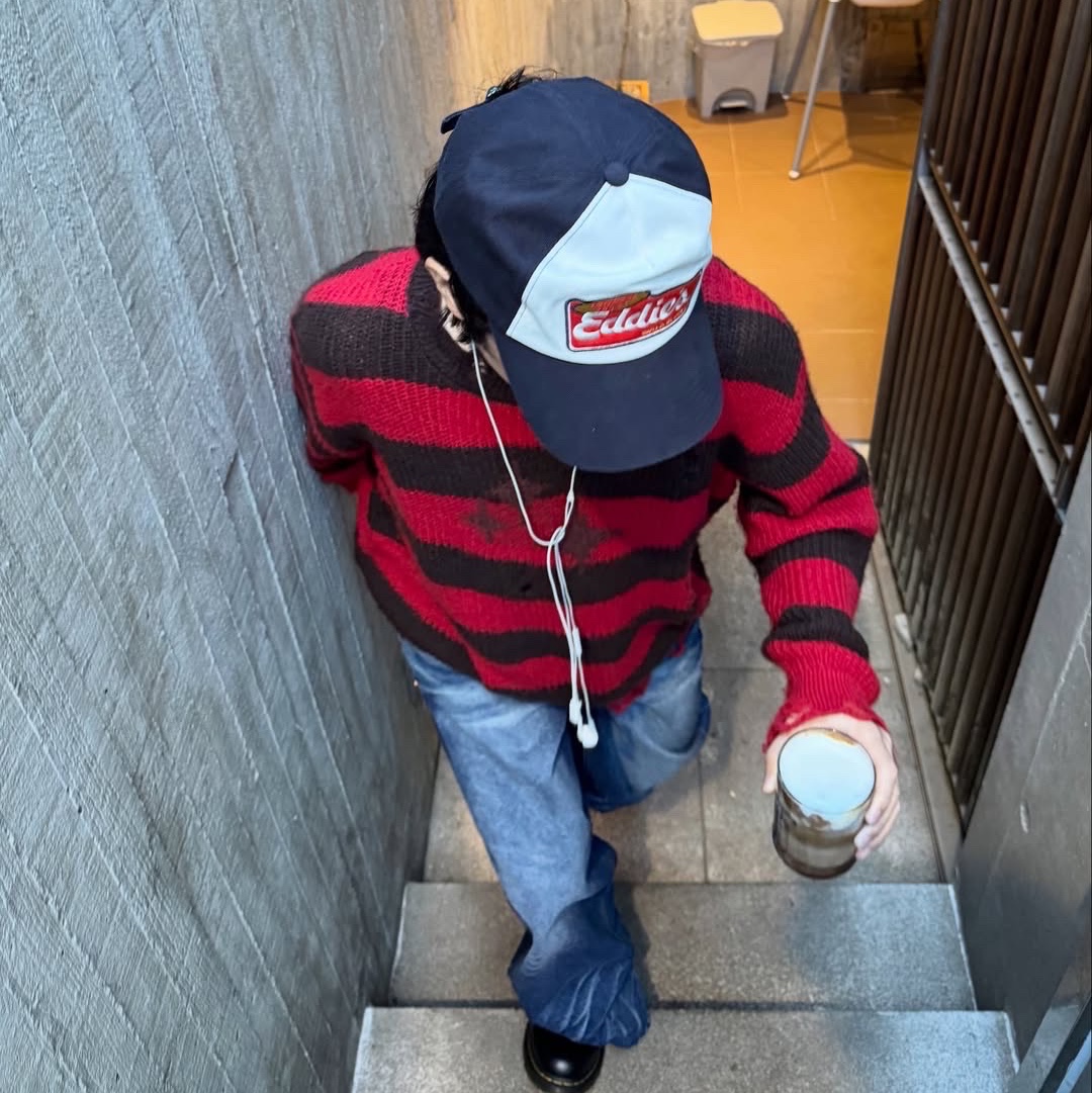 Mea Vintage Striped Wool Knit Red 착용 스타일 - 2