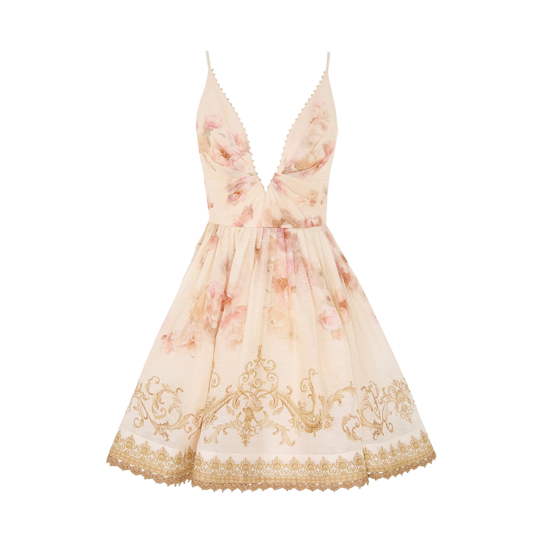 (W) 짐머만 힙노틱 브이 넥 미니 드레스 크림 피오니((W) Zimmermann Hypnotic V Neck Mini Dress Cream Peony)