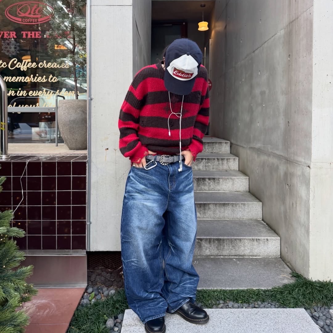 Mea Vintage Striped Wool Knit Red 착용 스타일 - 3