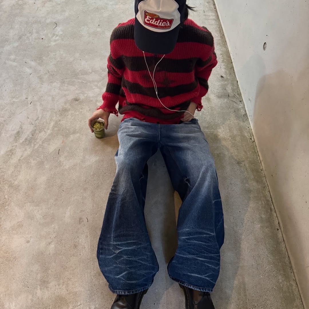 Mea Vintage Striped Wool Knit Red 착용 스타일 - 1