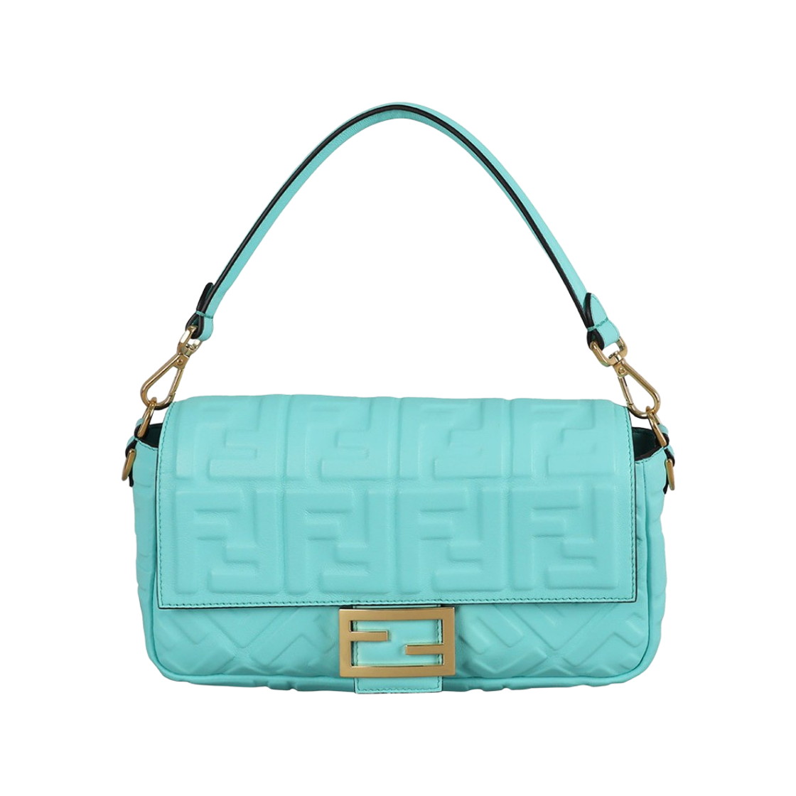 8BR600A72VF1JTY Fendi Medium Baguette Bag Nappa FF 1974 Embossed Leather Turquoise