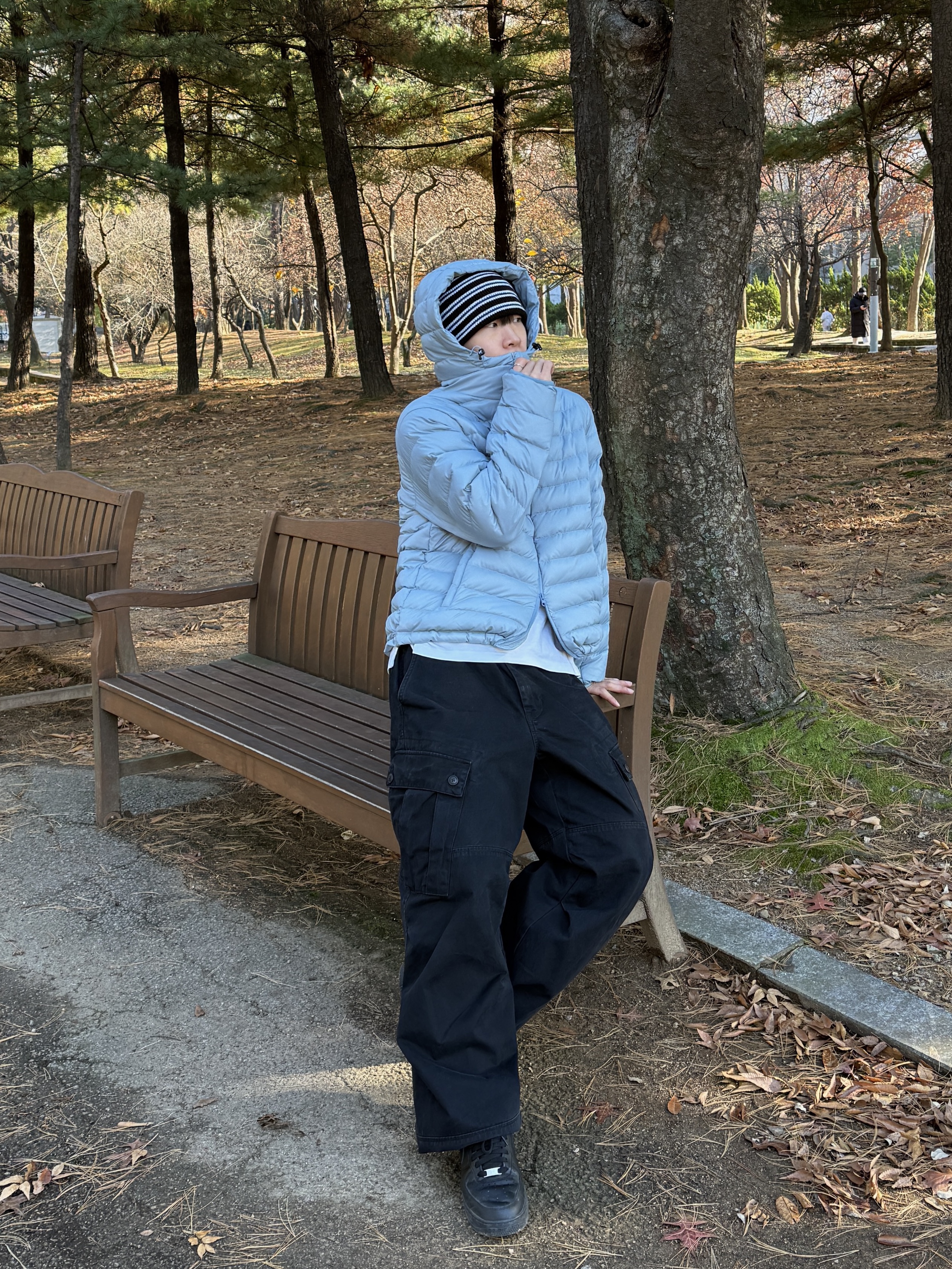 QT8 GARMENTS Duck Down Lightweight Jacket Sky Blue 착용 스타일 - 1