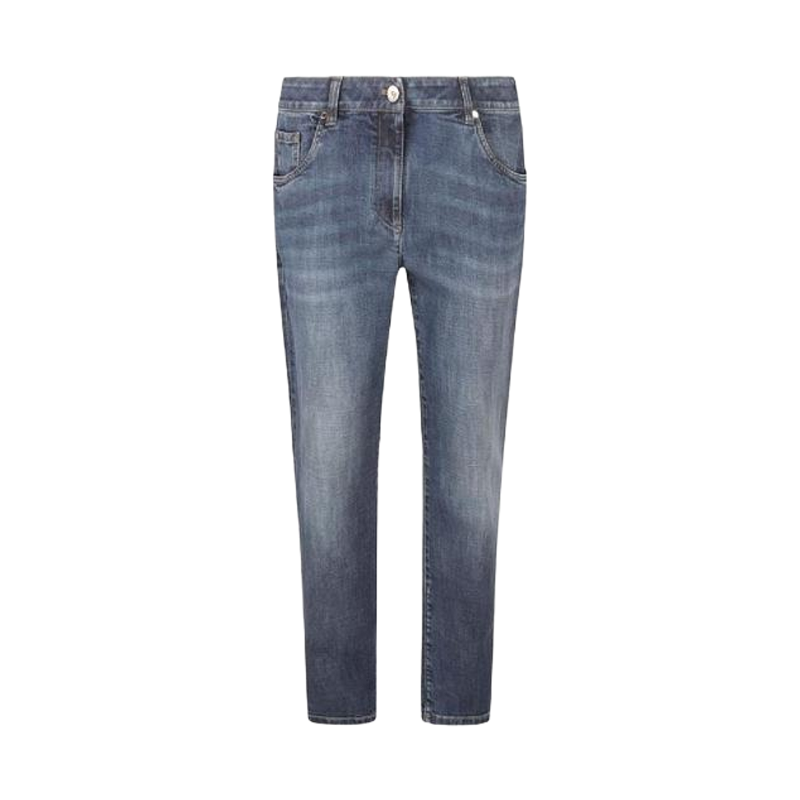 MB065P5679-C8339 (W) Brunello Cucinelli Stretch Denim Slim Five Pocket Trousers with Shiny Leather Tab Denim