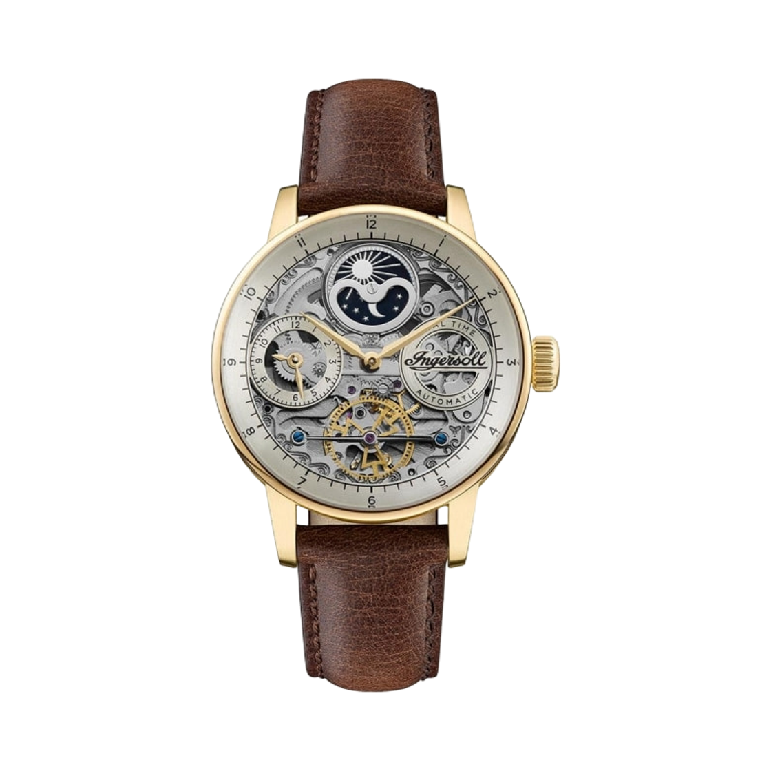잉거솔 재즈 42mm I07704 오토매틱 스테인리스 스틸 브라운 골드 라이트 골드 다이얼(Ingersoll Jazz 42mm I07704 Automatic Stainless Steel Brown Gold Light Gold Dial)