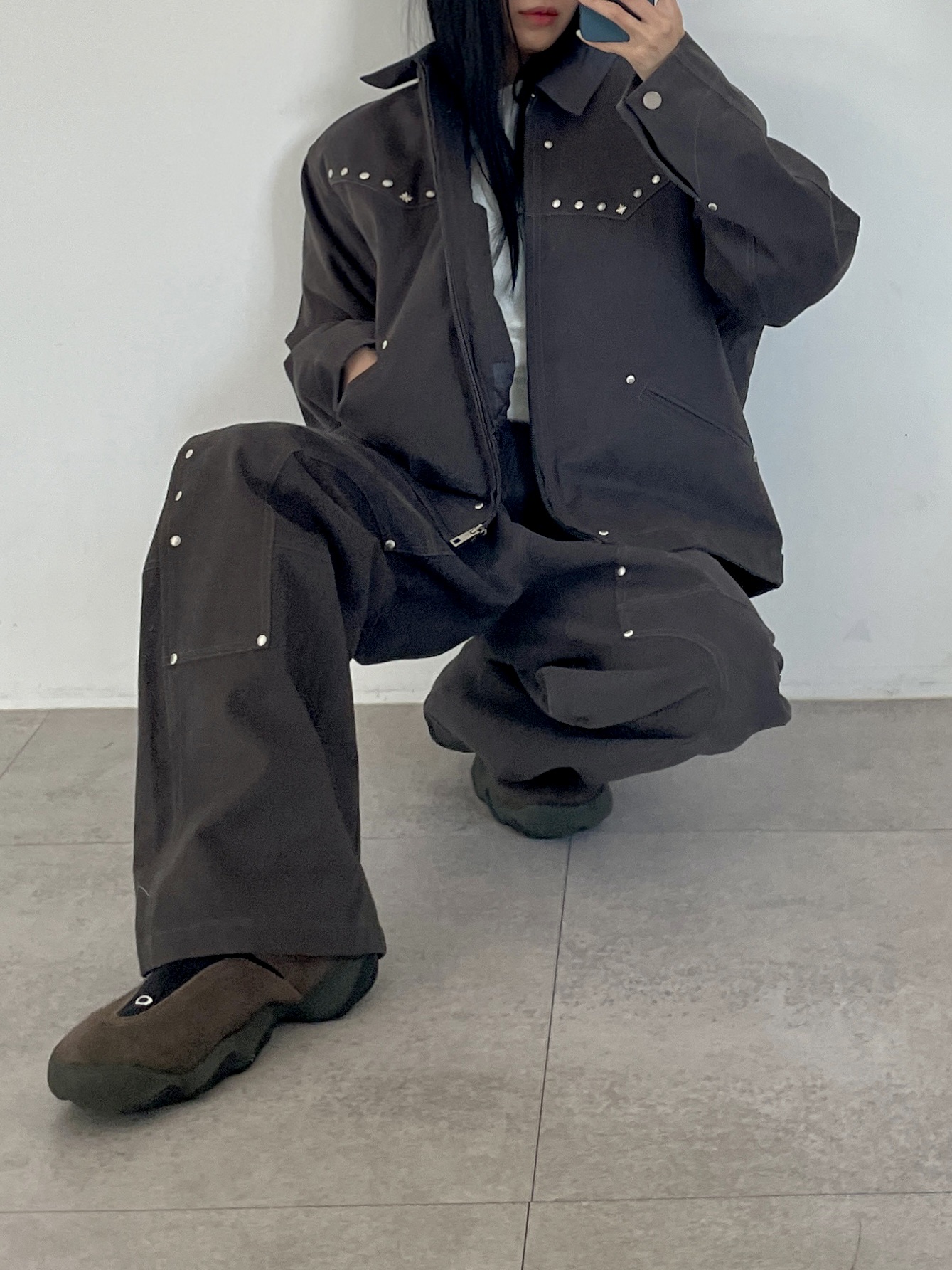 Riomeu Double knee Western Twill Cotton Pants Charcoal, Riomeu Western Twill Washed Work Jacket Charcoal 착용 스타일