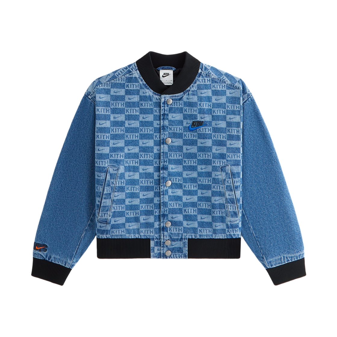 (키즈) 나이키 x 키스 데님 레이저 에치드 바시티 자켓 미스틱 네이비((Kids) Nike x Kith Denim Laser Etched Varsity Jacket Mystic Navy)
