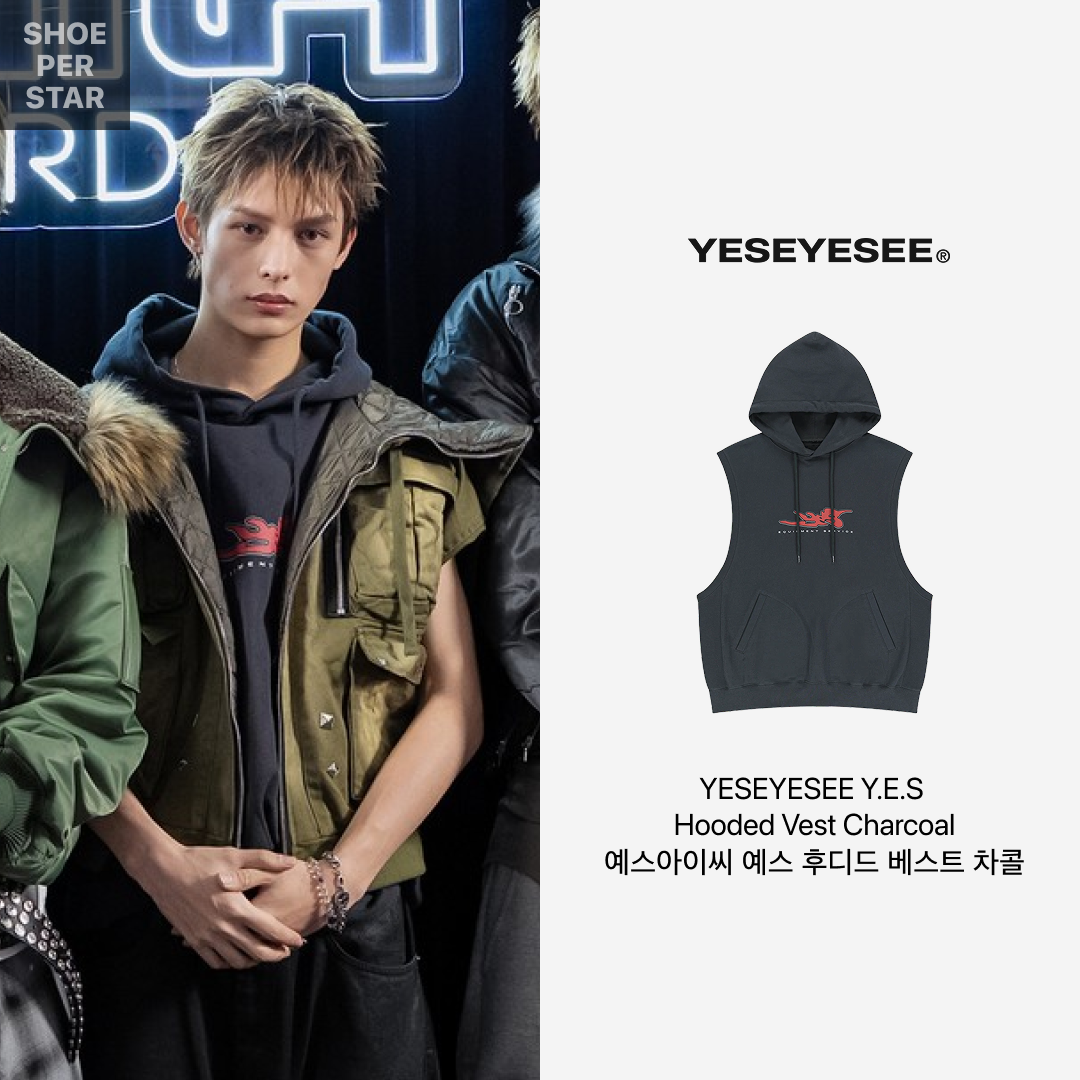 YESEYESEE Y.E.S Hooded Vest Charcoal 착용 스타일 - 2