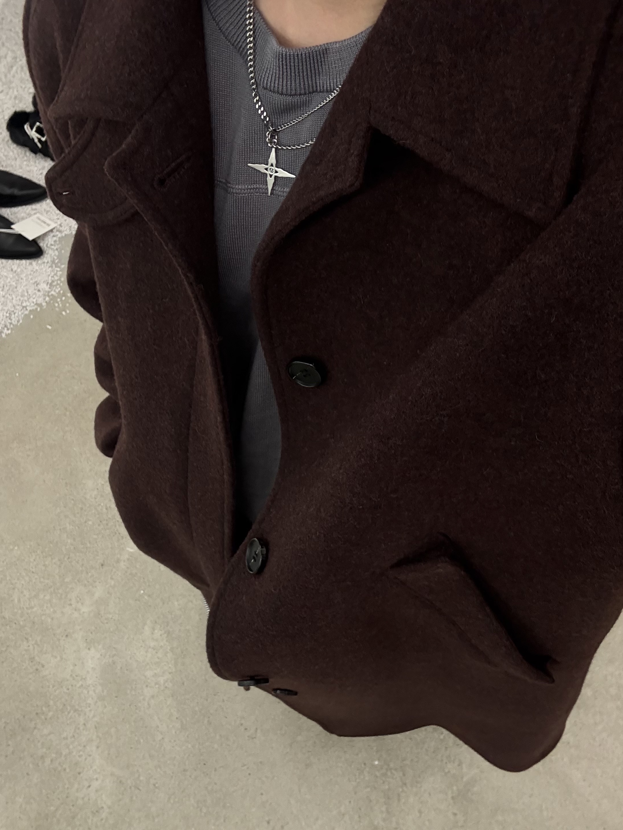Haleine Wool Cashmere High Neck Coat Black (WJ423), Haleine Semi Wide Bootcut Mud Washed Jean (WB405) 착용 스타일 - 10