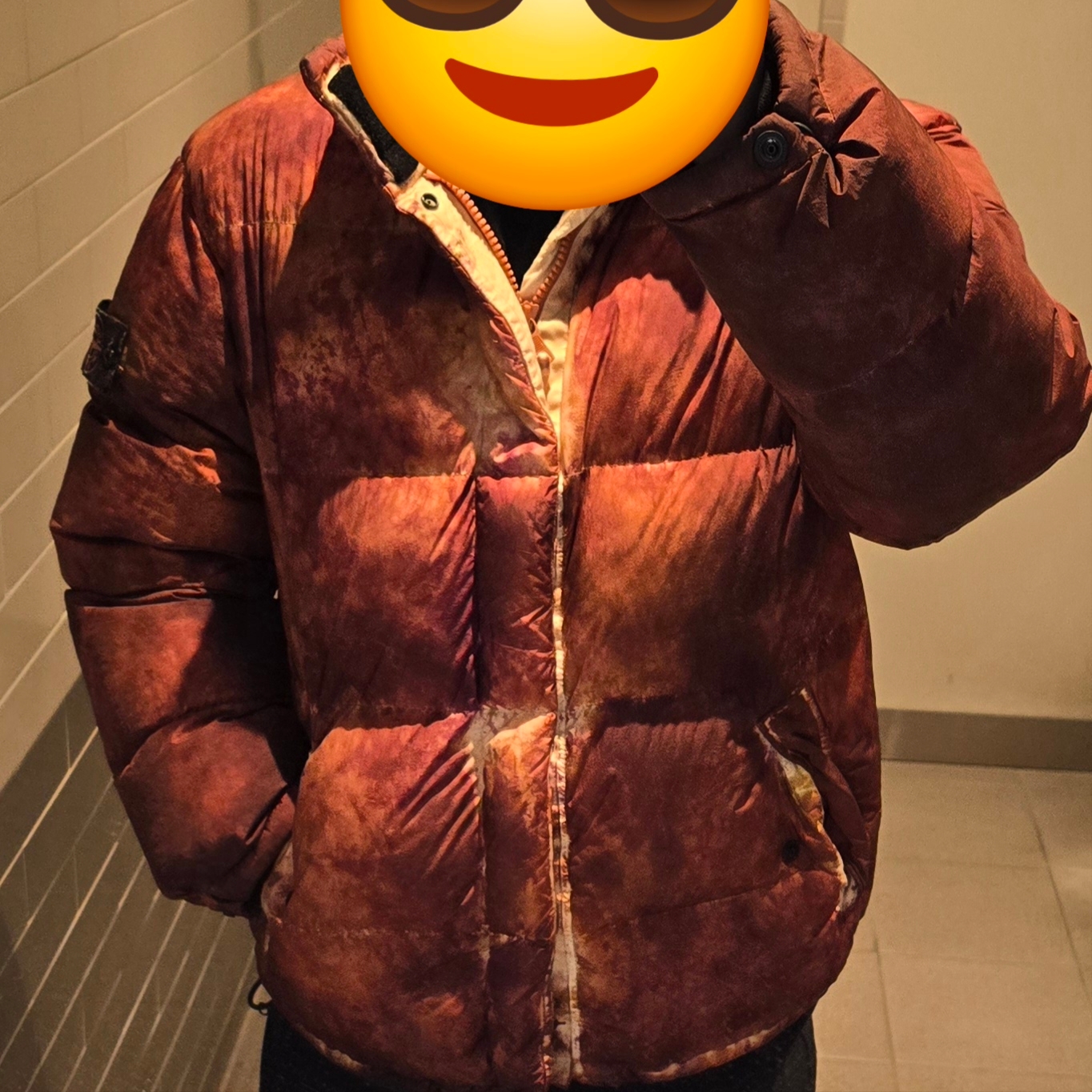 Supreme x Stone Island Painted Camo Crinkle Down Jacket Coral - 20FW 착용 스타일