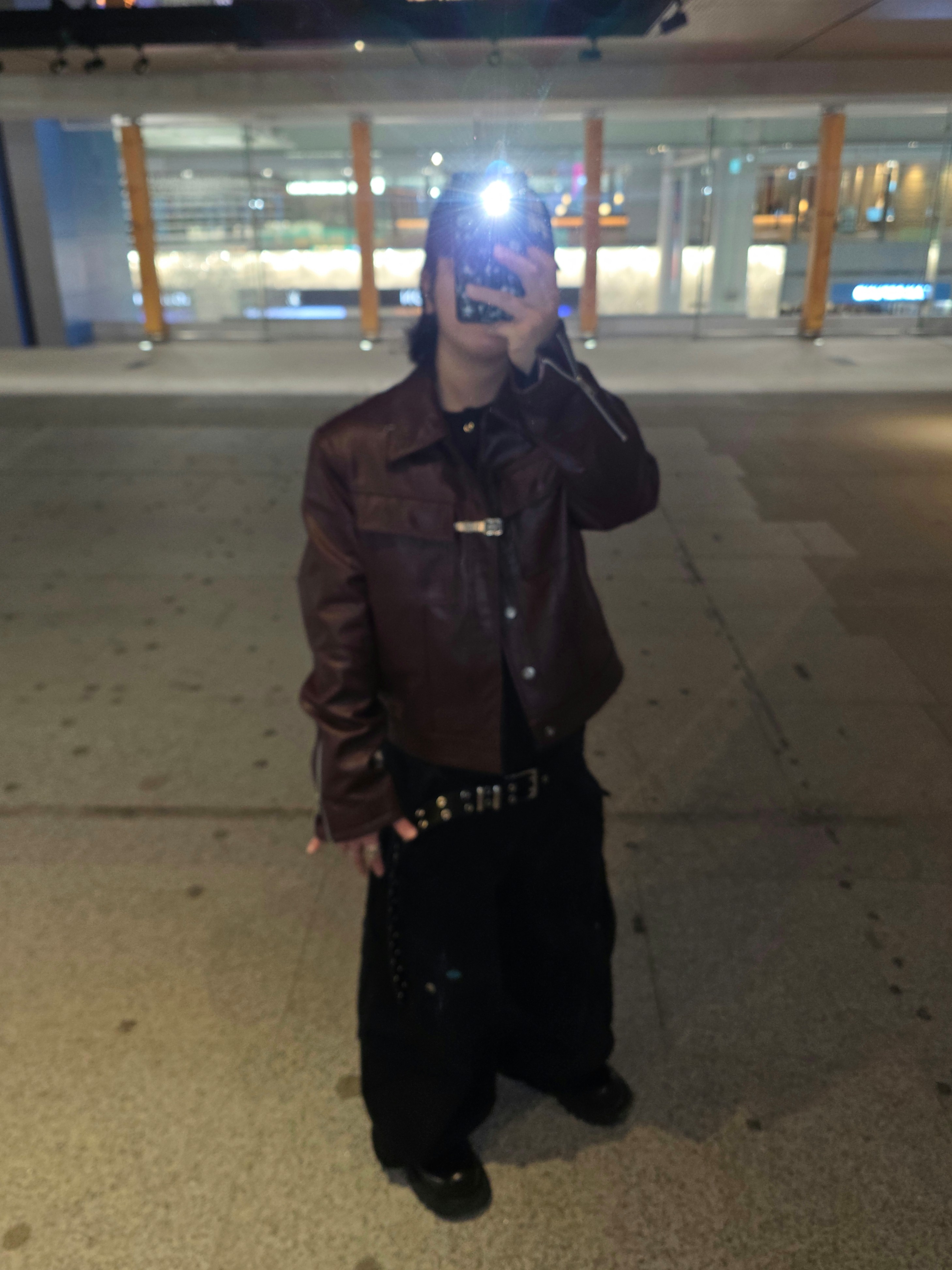 Haleine Trucker Faux Leather Jacket Burgundy (WJ346), Aoiro x Pog Service Hikari M65 Curved Pants Vintage Black 착용 스타일 - 10