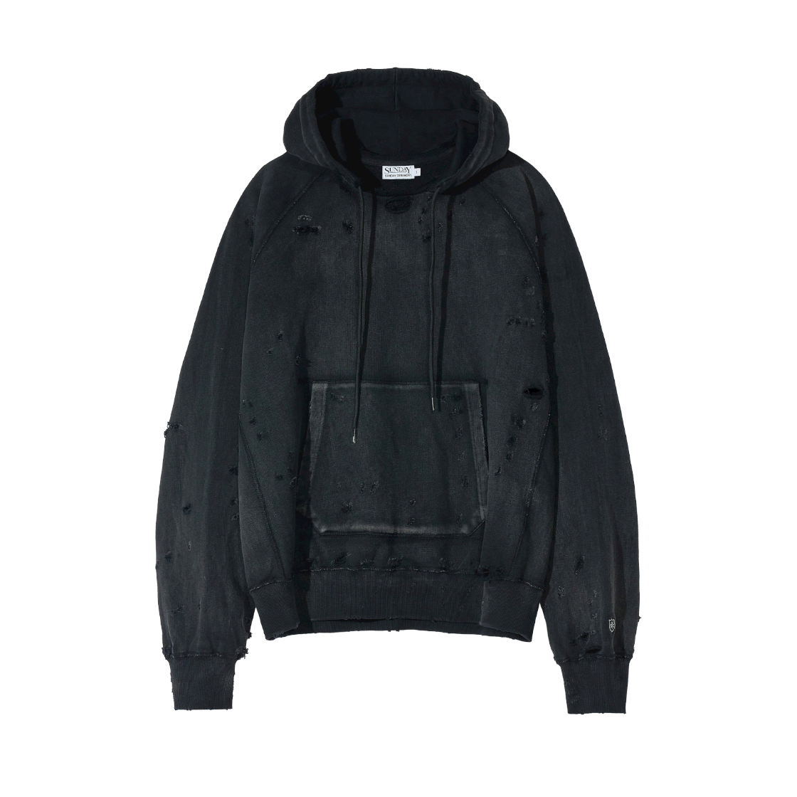 선데이세레머니 디스트레스 워시드 후드 탑 - 블랙(Sunday Ceremony Distressed Washed Hoodie Top - Black)