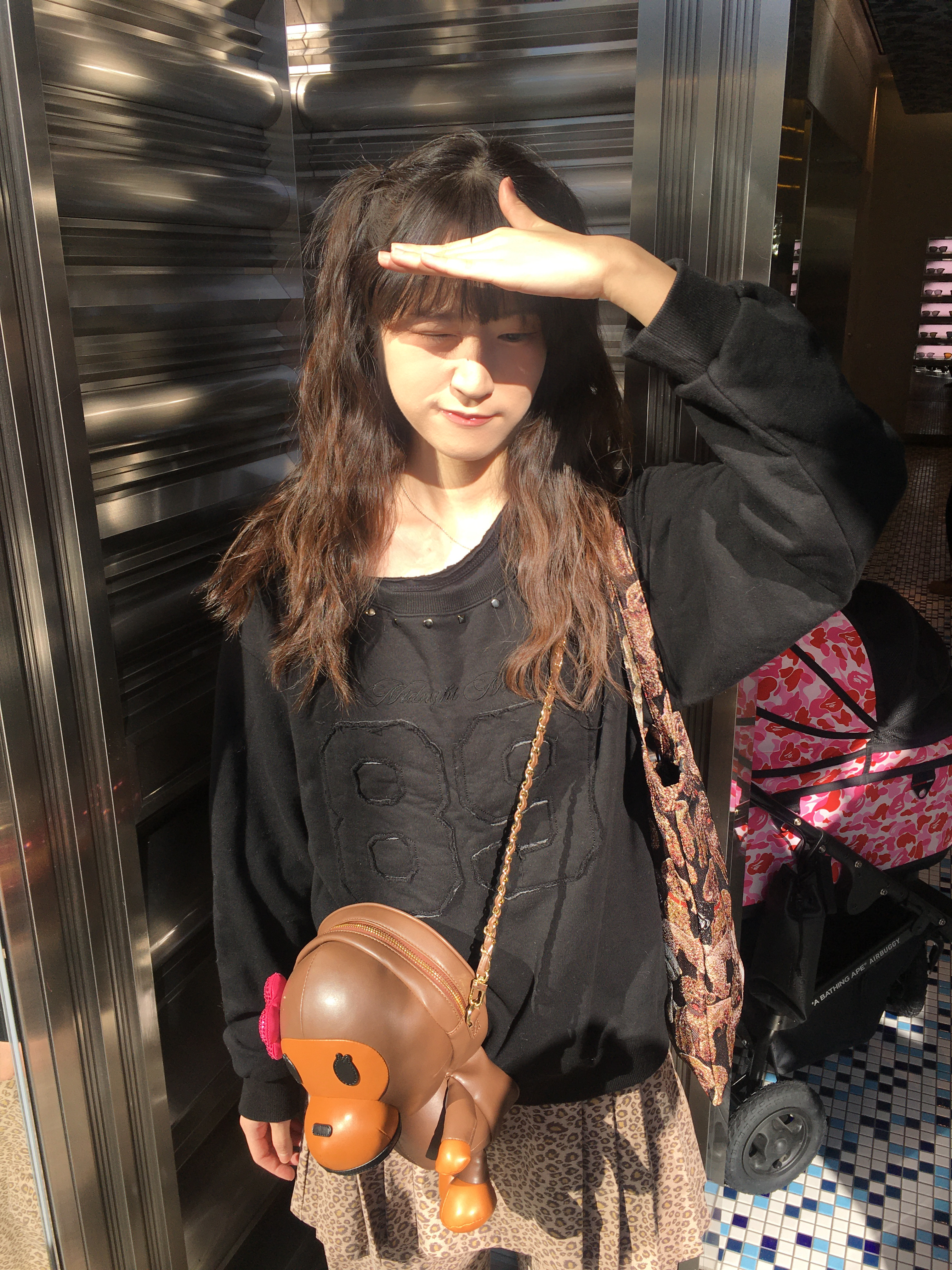 BAPE Crystal Stone Baby Lisa Plush Doll Shoulder Bag Brown, BAPE Baby Milo Plush Crossbody Bag Pink 착용 스타일 - 1