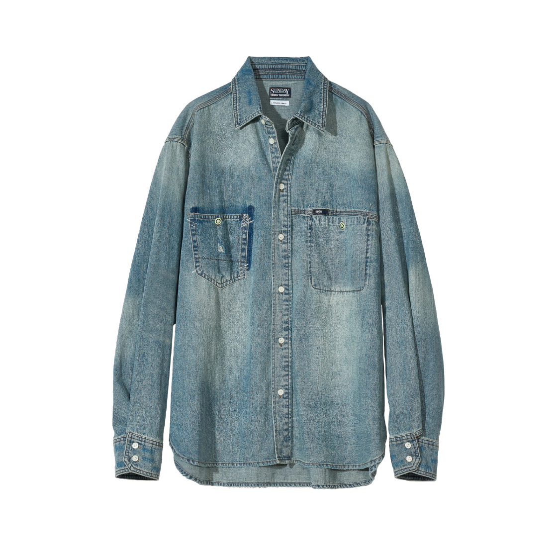 선데이세레머니 빈티지 워시드 재패니즈 데님 셔츠 - 미드 블루(Sunday Ceremony Vintage Washed Japanese Denim Shirt - Mid Blue)