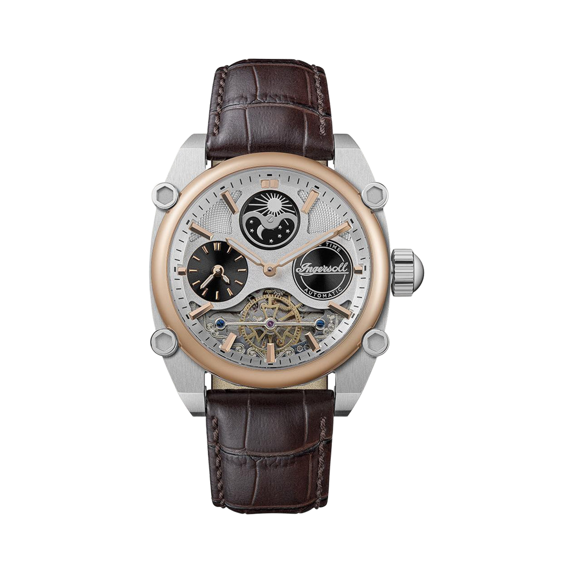 잉거솔 바시티 45mm I15401 오토매틱 스테인리스 스틸 실버 로즈 골드 실버 다이얼(Ingersoll Varsity 45mm I15401 Automatic Stainless Steel Silver Rose Gold Silver Dial)